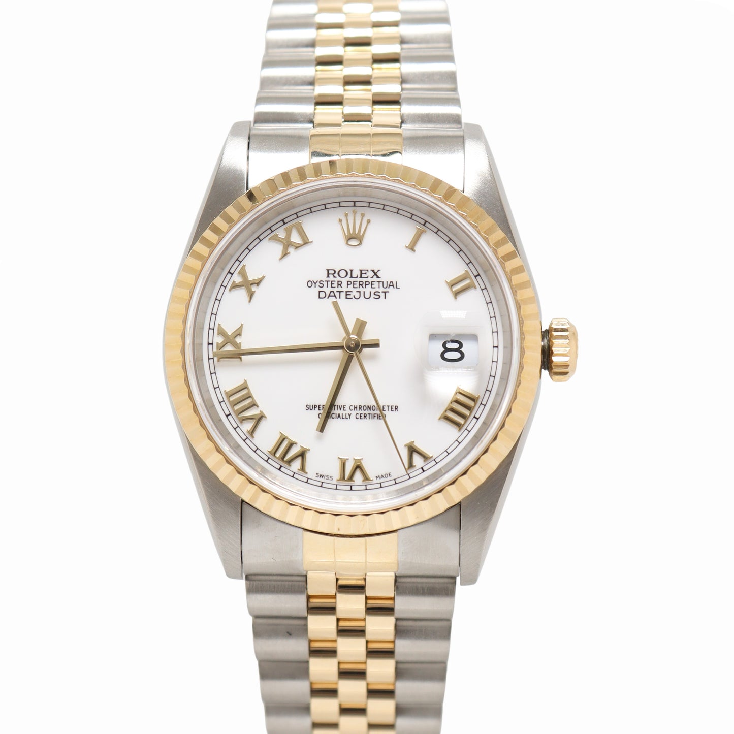 Rolex Datejust Two-Tone Stainless Steel & Yellow Gold 36mm White Roman Dial Watch Reference #: 16233 - Happy Jewelers Fine Jewelry Lifetime Warranty