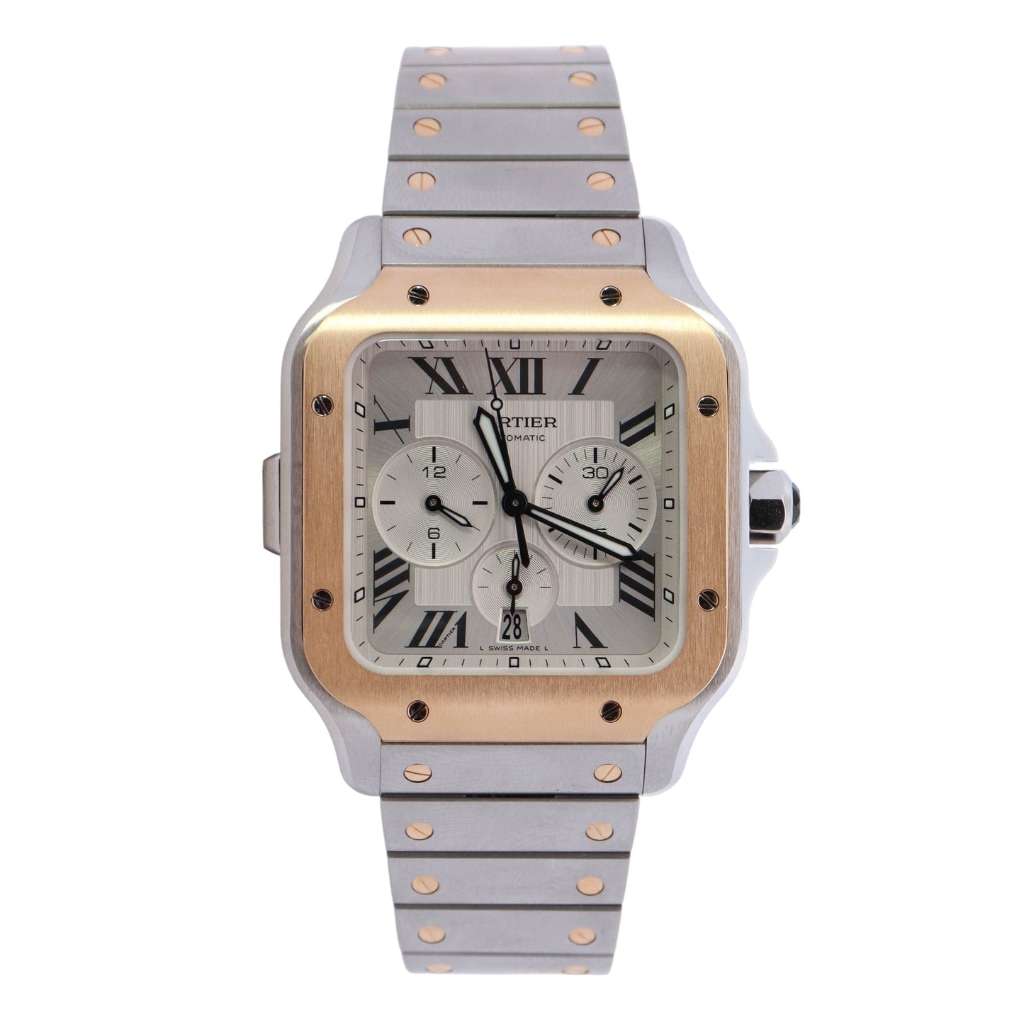 Cartier Santos Chronograph Two-Tone Stainless Steel & Yellow Gold 44.9mm Extra Large Model Silver Chronograph Roman Dial Watch Reference #: W2SA0008 - Happy Jewelers Fine Jewelry Lifetime Warranty