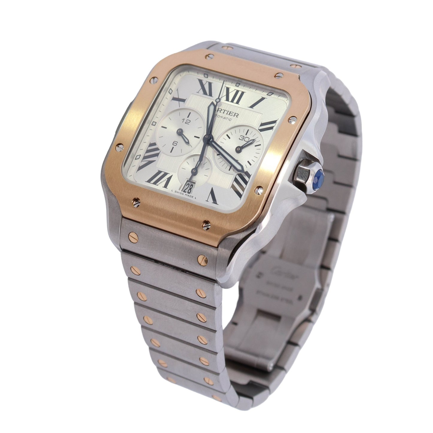 Cartier Santos Chronograph Two-Tone Stainless Steel & Yellow Gold 44.9mm Extra Large Model Silver Chronograph Roman Dial Watch Reference #: W2SA0008 - Happy Jewelers Fine Jewelry Lifetime Warranty
