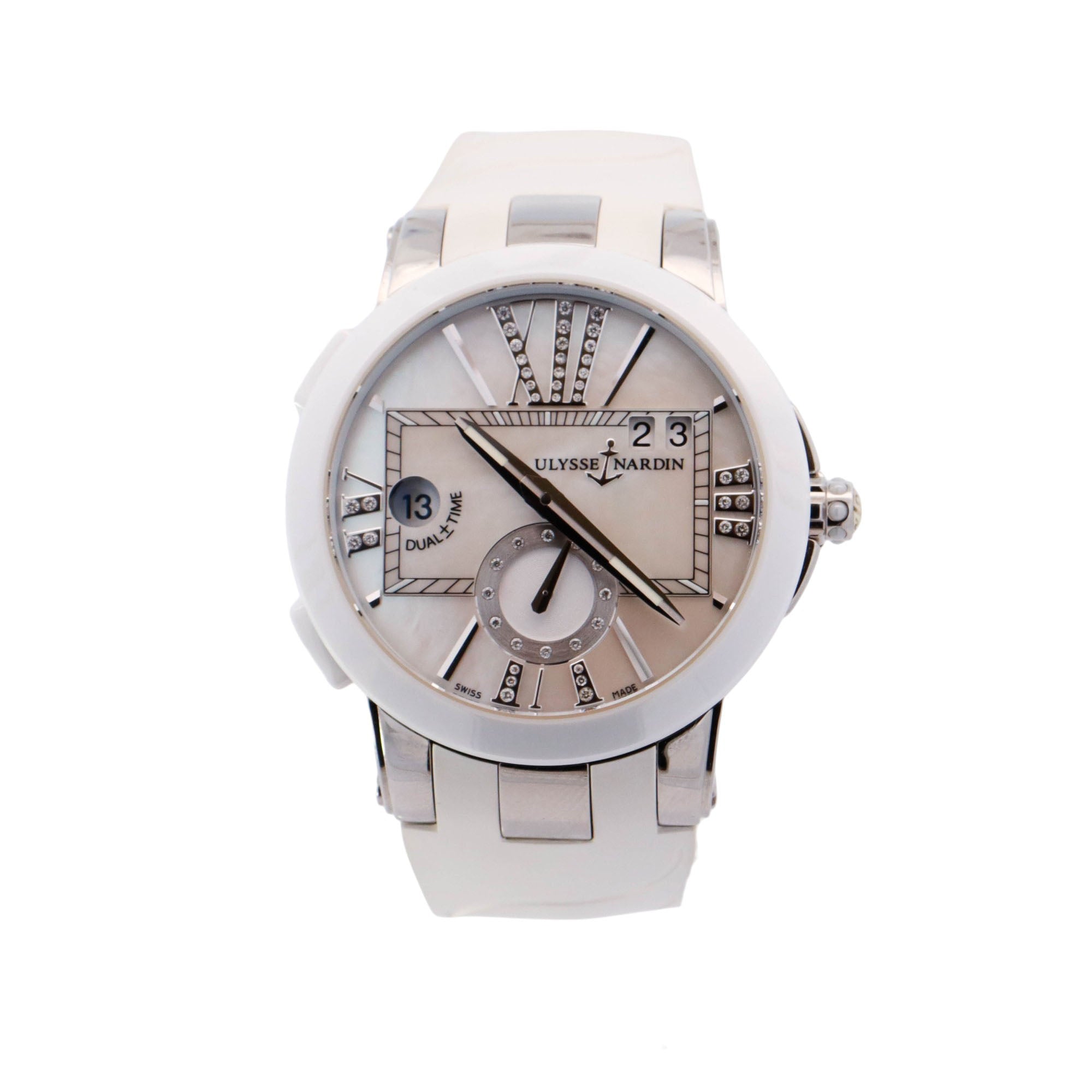 Ulysse Nardin Dual Time GMT 243-10 Stainless Steel 41mm White MOP Diamond Roman Dial Watch Reference #: 243-10 - Happy Jewelers Fine Jewelry Lifetime Warranty