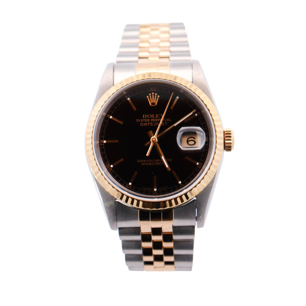 Rolex Datejust Two Tone Stainless Steel & Yellow Gold 36mm Black Stick Dial Watch Reference #: 16233 - Happy Jewelers Fine Jewelry Lifetime Warranty