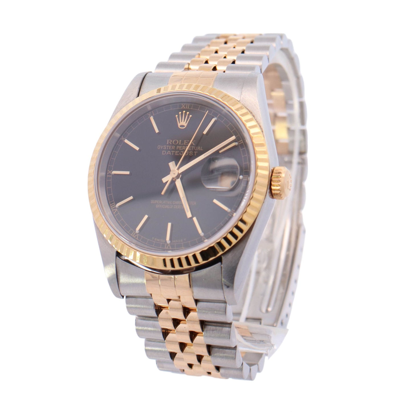 Rolex Datejust Two Tone Stainless Steel & Yellow Gold 36mm Black Stick Dial Watch Reference #: 16233 - Happy Jewelers Fine Jewelry Lifetime Warranty