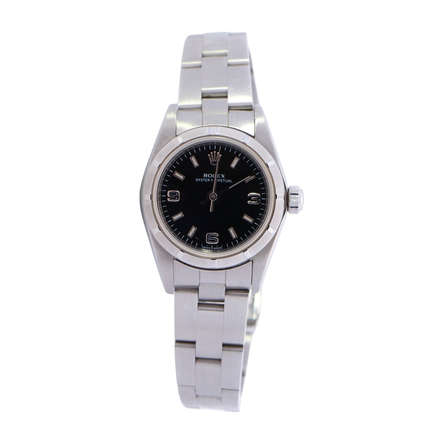 Rolex Oyster Perpetual 26mm Stainless Steel Black Stick & Arabic Dial Watch Reference #: 76030 - Happy Jewelers Fine Jewelry Lifetime Warranty