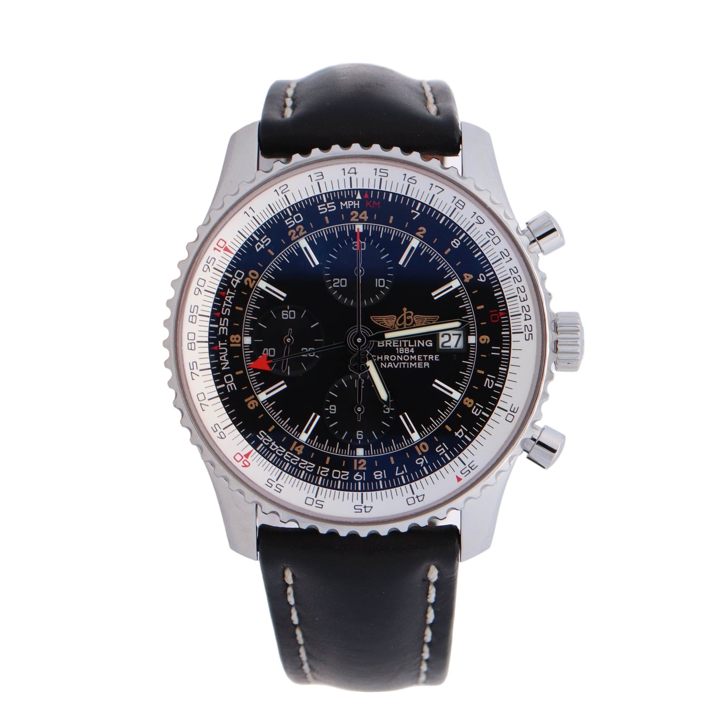 Breitling Navitimer World Stainless Steel 46mm Black Chronograph Dial Watch Reference #: A24322 - Happy Jewelers Fine Jewelry Lifetime Warranty