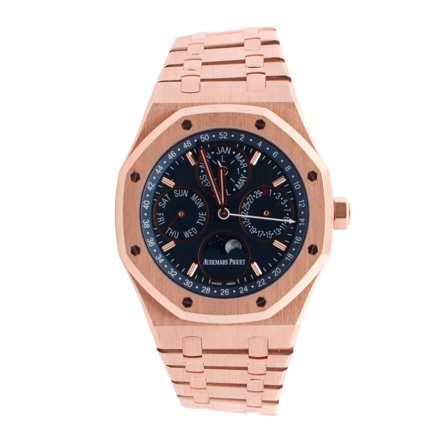 Audemars Piguet Royal Oak Perpetual Calendar Rose Gold Blue Stick Dial Watch Reference #: 26574OR.OO.1220OR.03 - Happy Jewelers Fine Jewelry Lifetime Warranty
