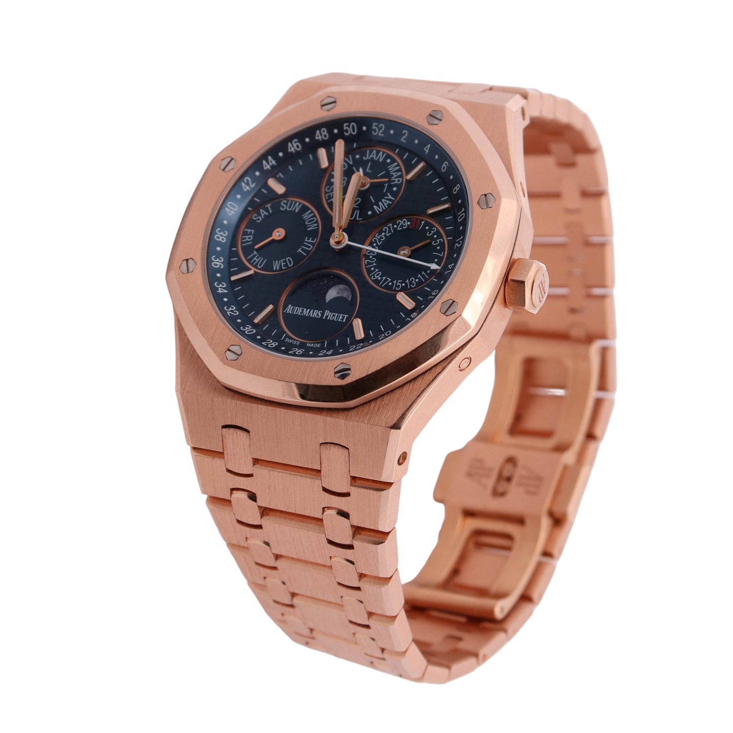 Audemars Piguet Royal Oak Perpetual Calendar Rose Gold Blue Stick Dial Watch Reference #: 26574OR.OO.1220OR.03 - Happy Jewelers Fine Jewelry Lifetime Warranty
