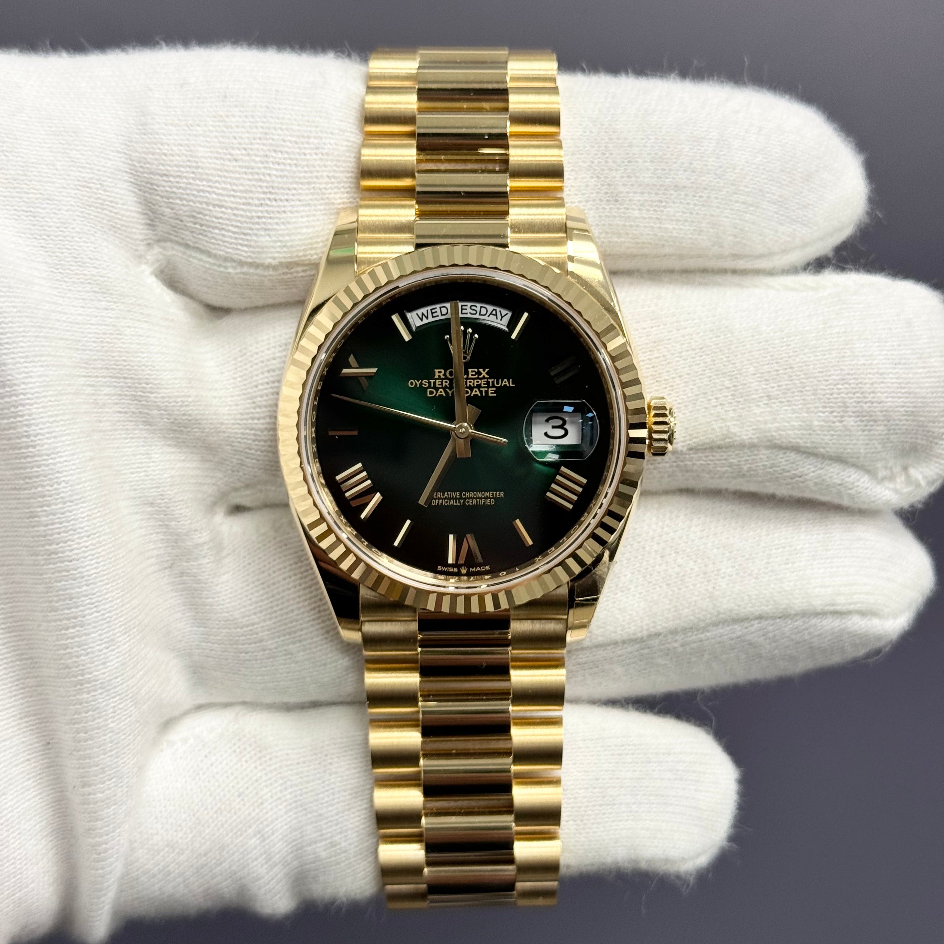 Rolex Day-Date 36mm Green Ombre Dial Watch Ref# 128238 - Happy Jewelers Fine Jewelry Lifetime Warranty