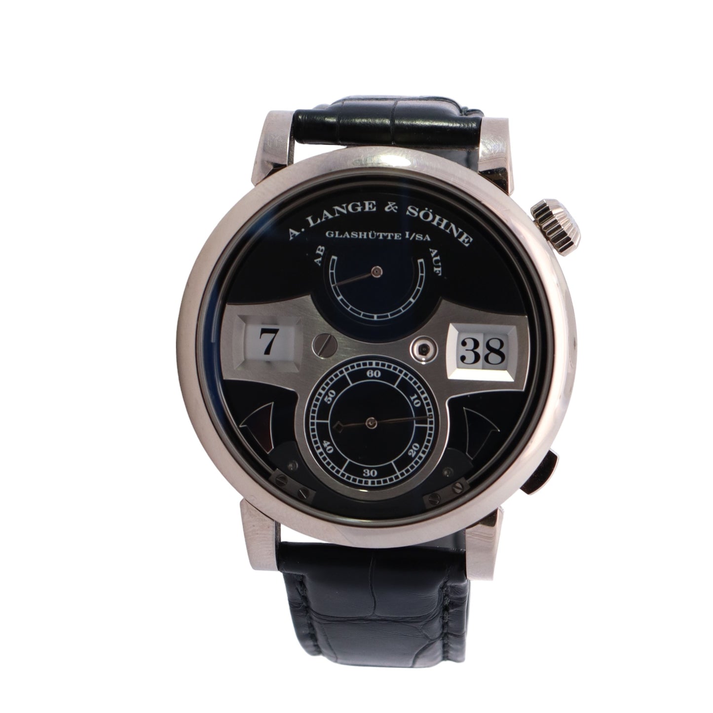 A.Lange and Sohne Zeitwerk Striking Time White Gold 44mm Black Dial Watch Reference #: 145.029 - Happy Jewelers Fine Jewelry Lifetime Warranty