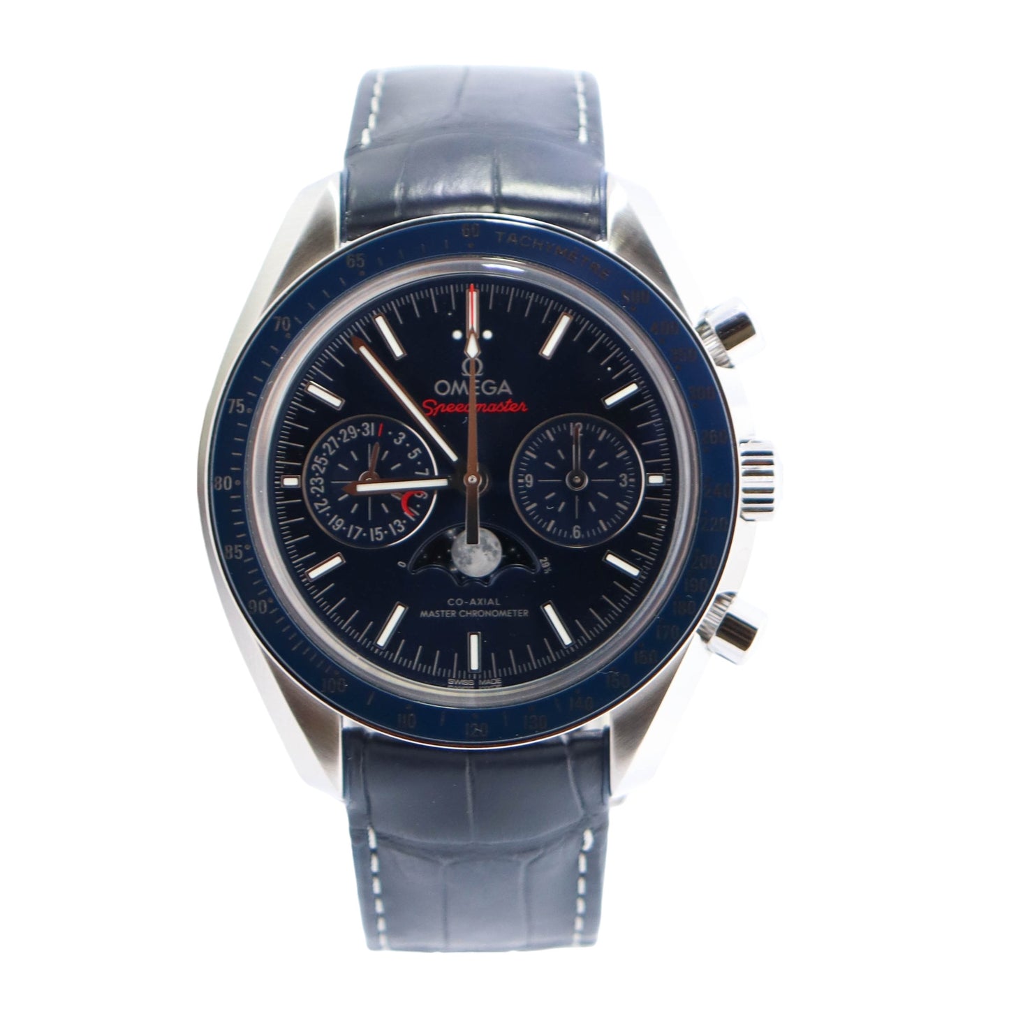 Omega Speedmaster Moonphase Stainless Steel 44mm Blue Chronograph Stick Dial Watch Reference #:  304.33.44.52.03.001 - Happy Jewelers Fine Jewelry Lifetime Warranty