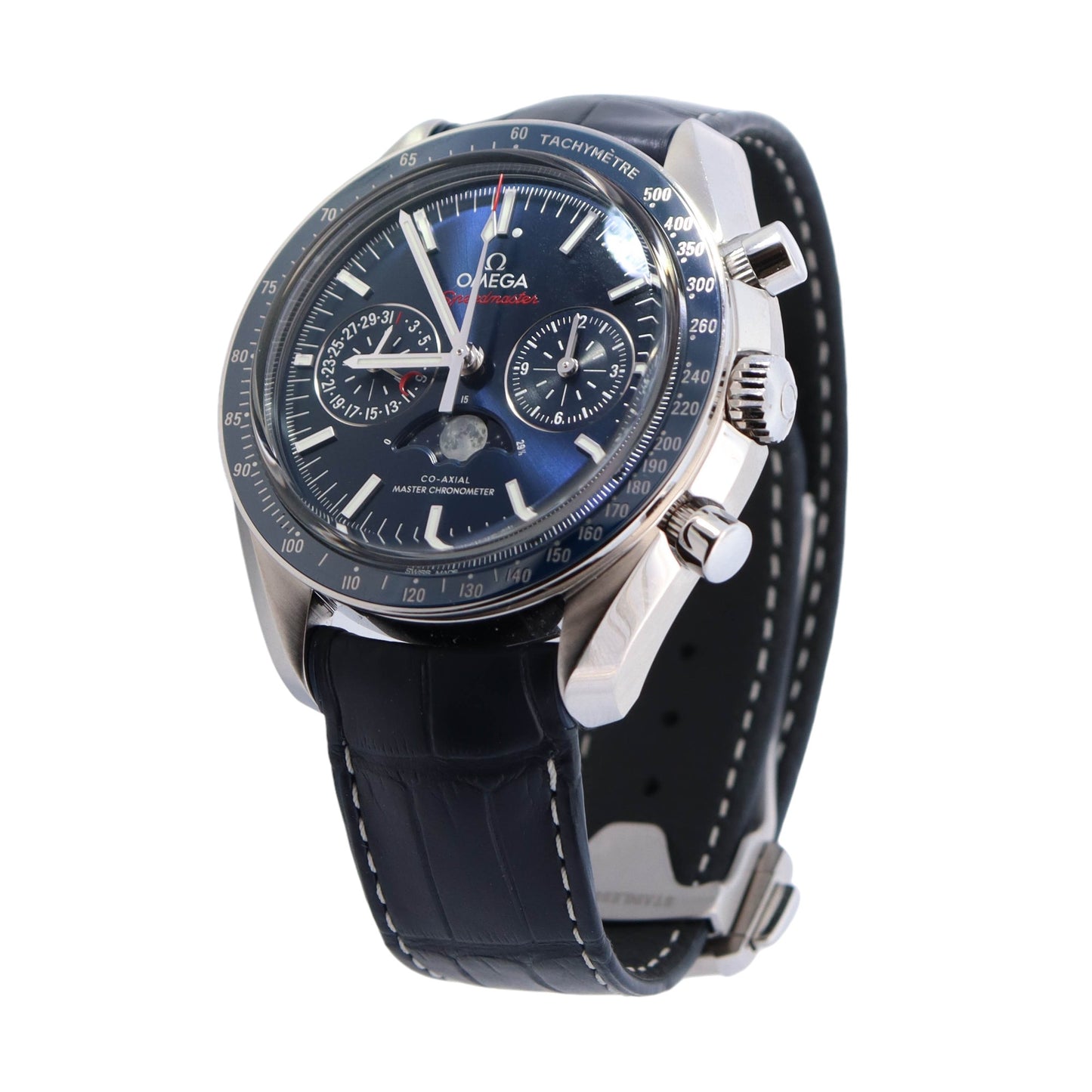 Omega Speedmaster Moonphase Stainless Steel 44mm Blue Chronograph Stick Dial Watch Reference #:  304.33.44.52.03.001 - Happy Jewelers Fine Jewelry Lifetime Warranty