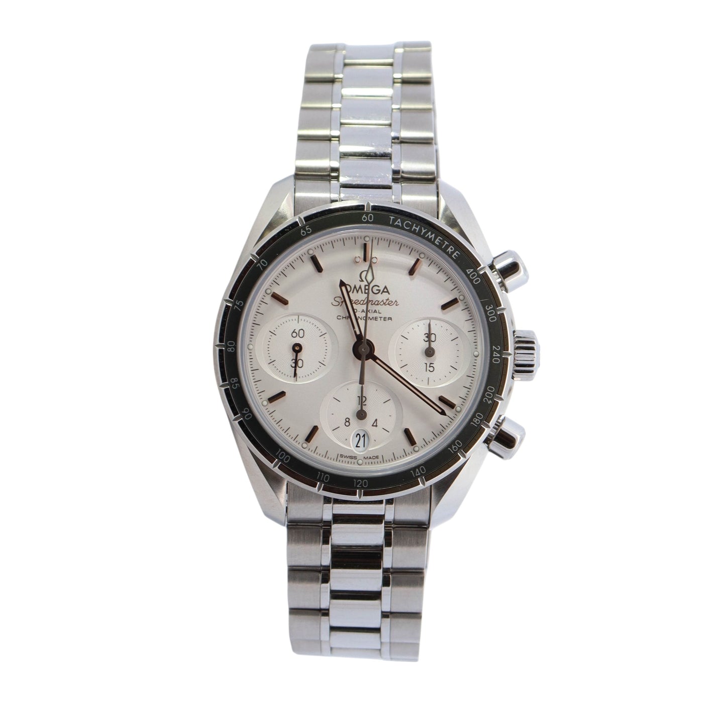 Omega Speedmaster 38 Stainless Steel 38mm White Chronograph Rose Gold Stick Dial Watch Reference #: 324.30.38.50.02.001