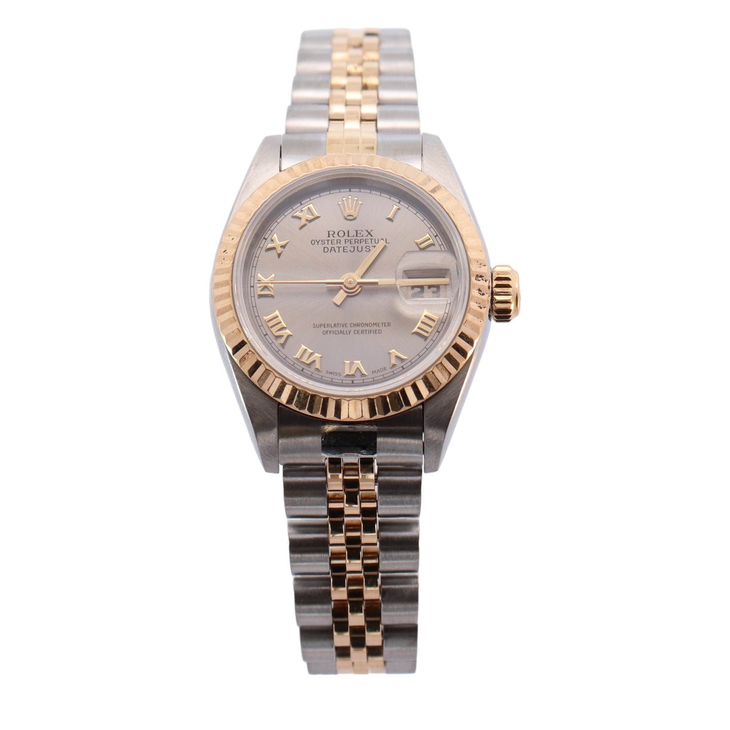 Rolex Datejust Two Tone Stainless Steel & Yellow Gold Grey Roman Dial Watch Reference #: 69173