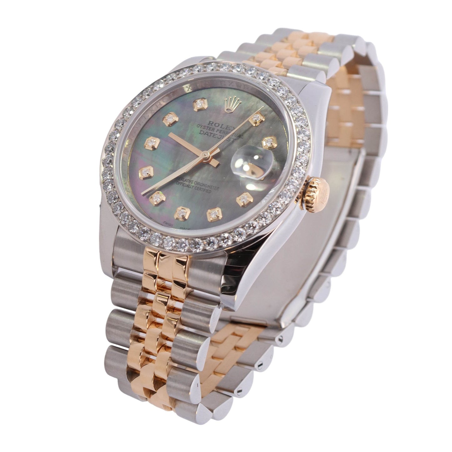 Rolex Datejust Two Tone Stainless Steel & Yellow Gold 36mm Custom Dark MOP Diamond Dial Watch Reference #: 116233