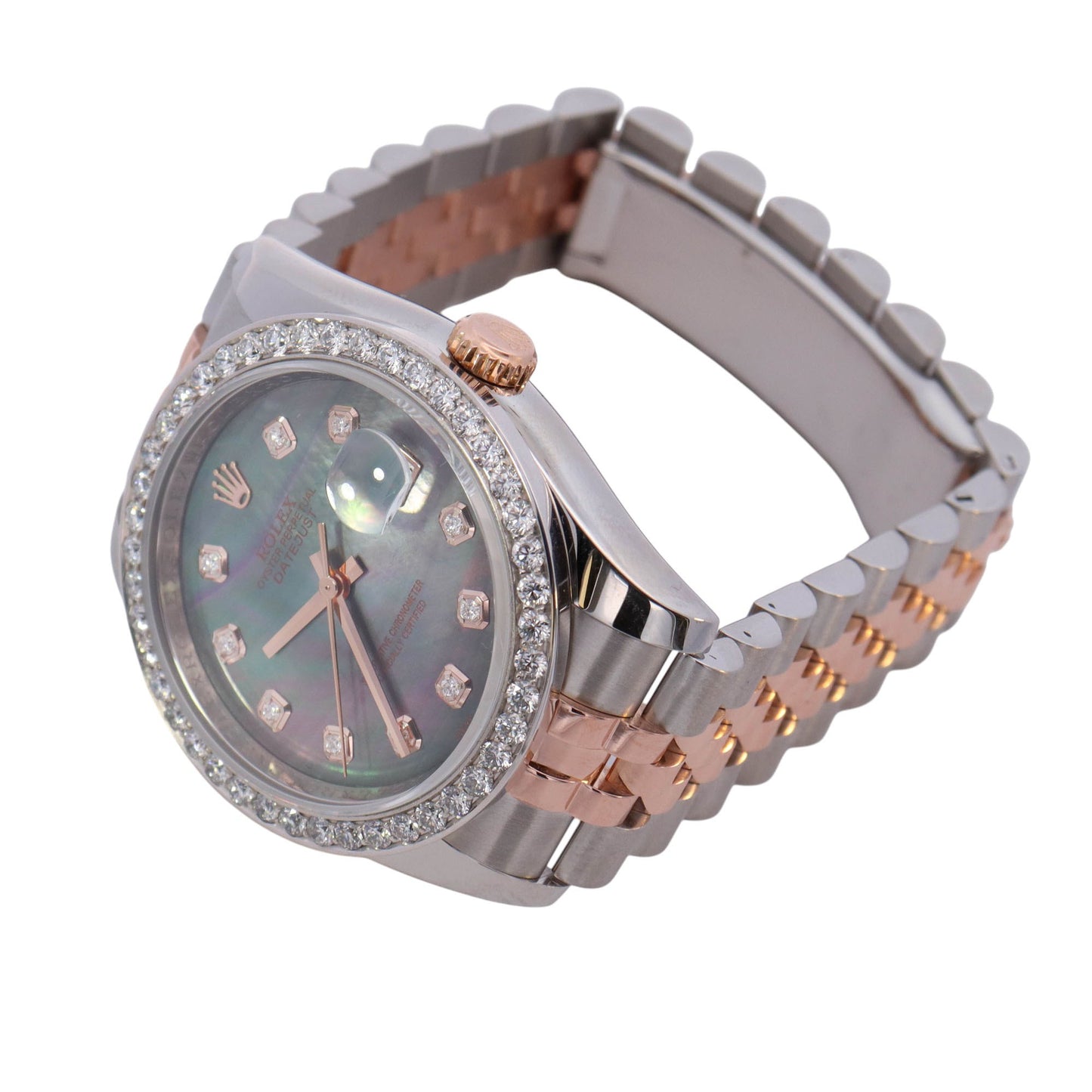 Rolex Datejust Two Tone Rose Gold & Stainless Steel 36mm Dark MOP Diamond Dial Watch Reference #: 116231
