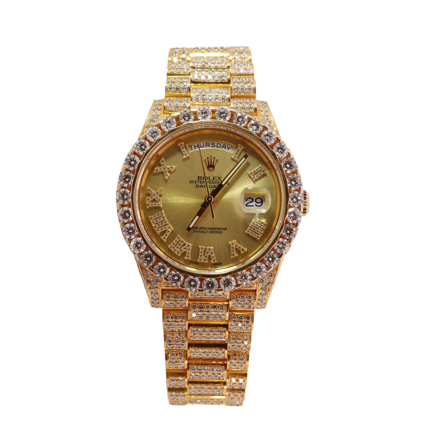 Rolex Day Date Yellow Gold 41mm Custom Gold Diamond Roman Dial Watch Reference #: 218238 - Happy Jewelers Fine Jewelry Lifetime Warranty