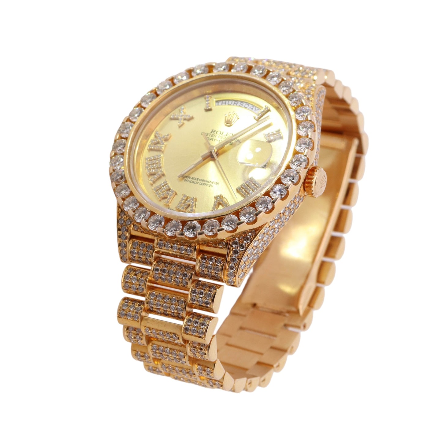 Rolex Day Date Yellow Gold 41mm Custom Gold Diamond Roman Dial Watch Reference #: 218238