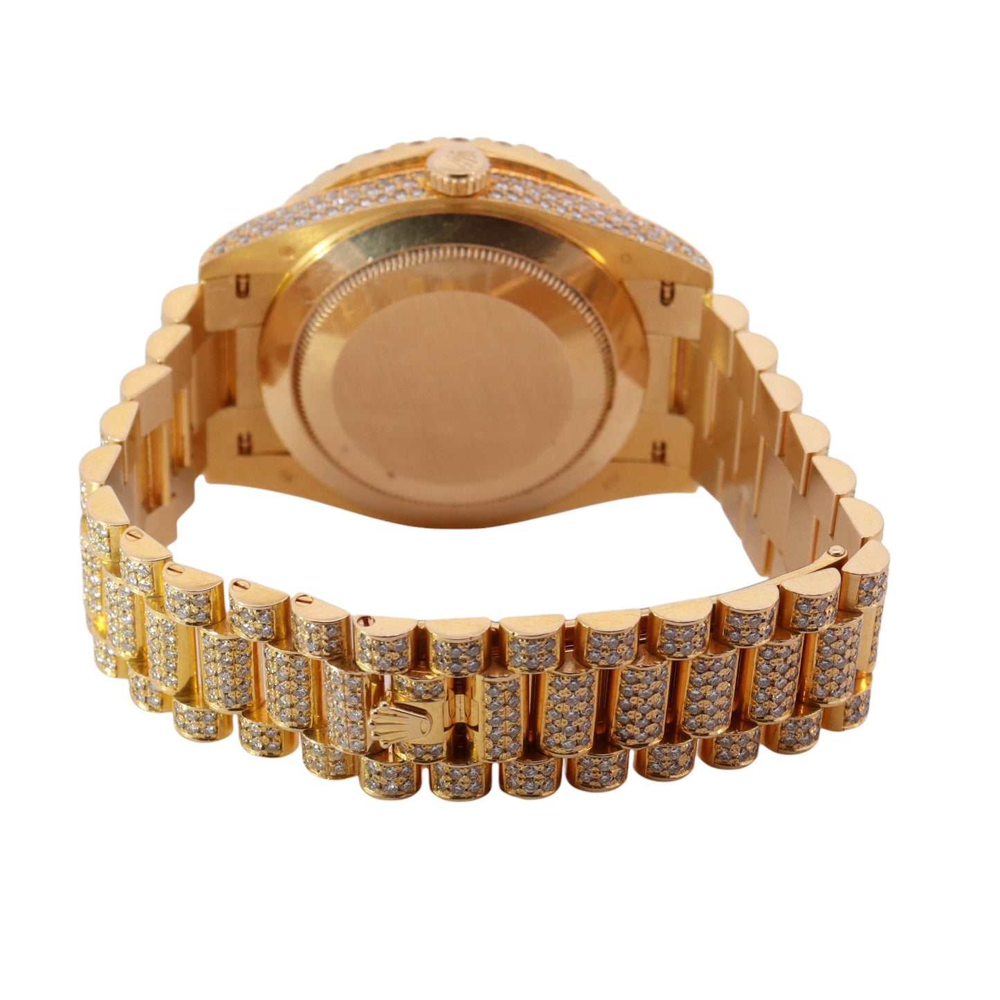 Rolex Day Date Yellow Gold 41mm Custom Gold Diamond Roman Dial Watch Reference #: 218238 - Happy Jewelers Fine Jewelry Lifetime Warranty