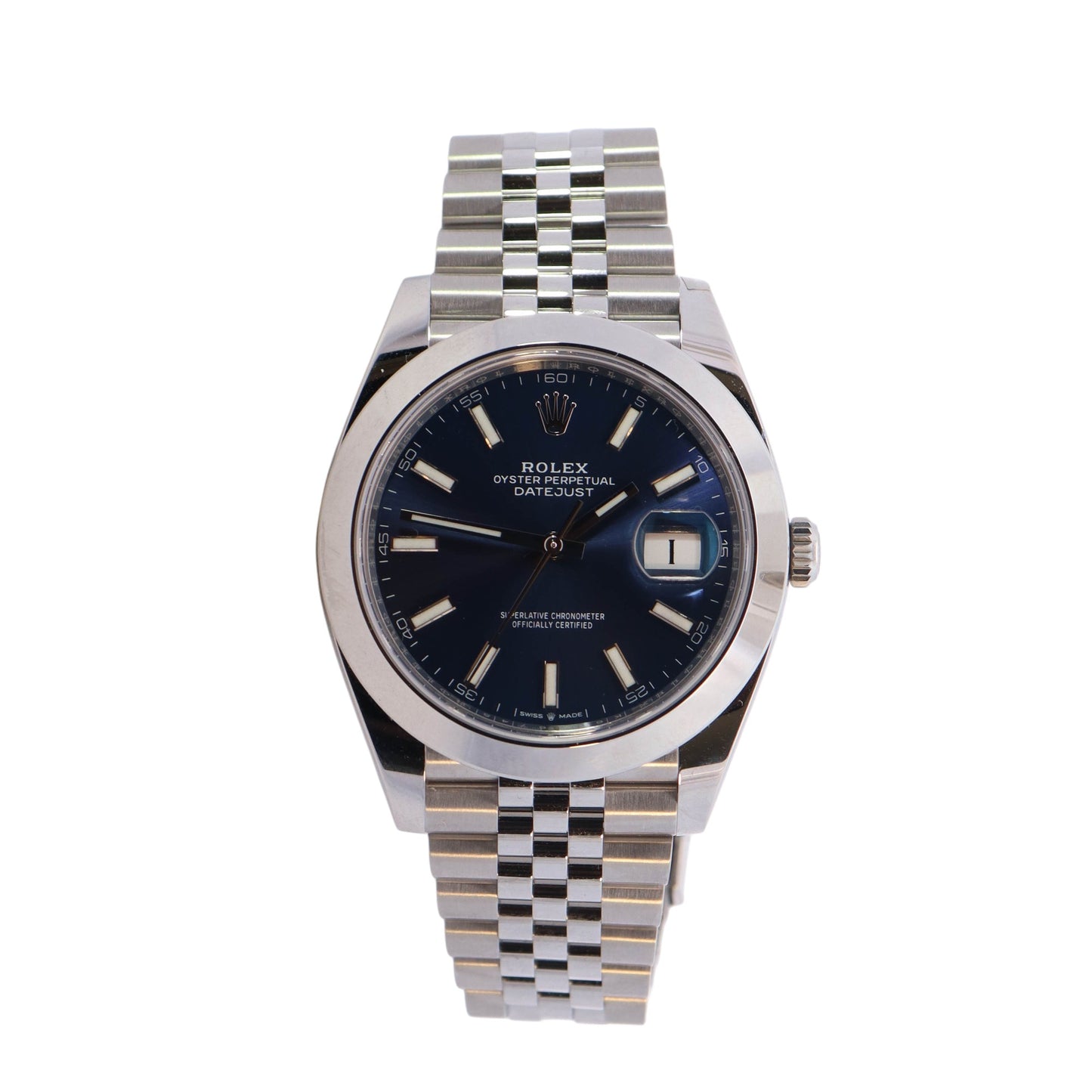 Rolex Datejust Stainless Steel 41mm Blue Stick Dial Watch Reference #: 126300 - Happy Jewelers Fine Jewelry Lifetime Warranty