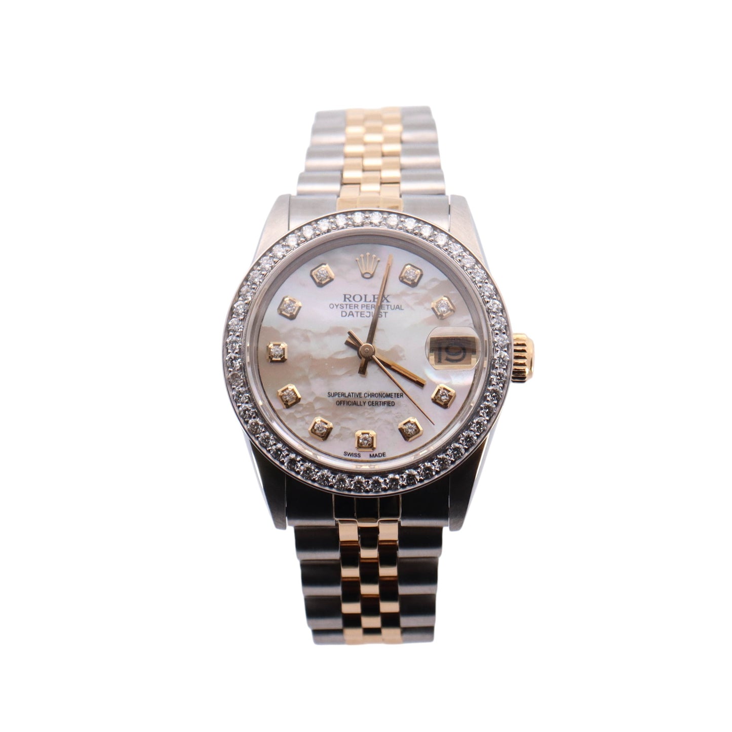 Rolex Datejust Two-Tone Yellow Gold & Stainless Steel 31mm White MOP Diamond Dial Watch  Ref#  68273