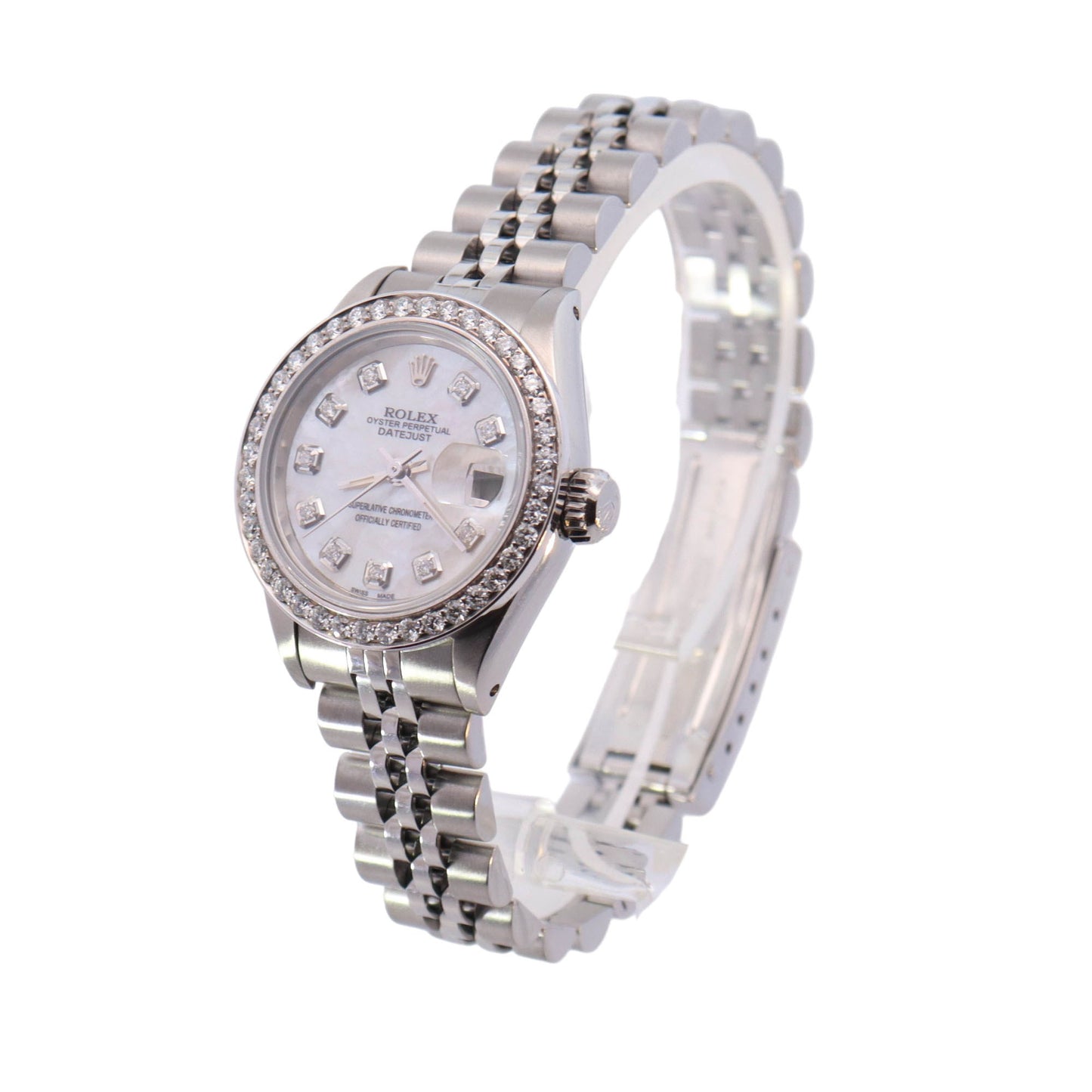 Rolex Datejust Stainless Steel 26mm White MOP Diamond Dial Watch Reference #: 69174 - Happy Jewelers Fine Jewelry Lifetime Warranty