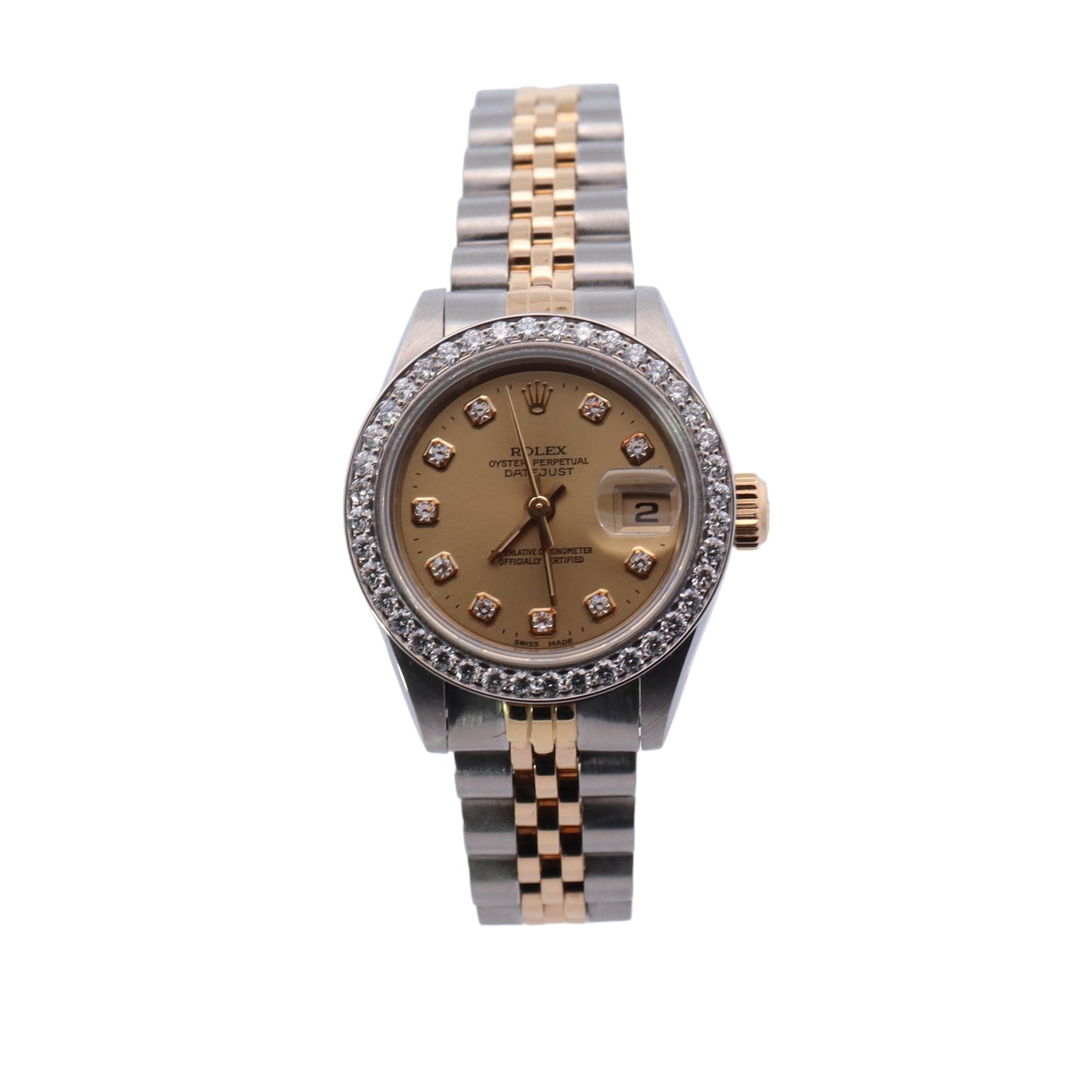 Rolex Datejust Two Tone Yellow Gold & Steel 26mm Custom Champagne Diamond Dial Watch Reference #: 69173