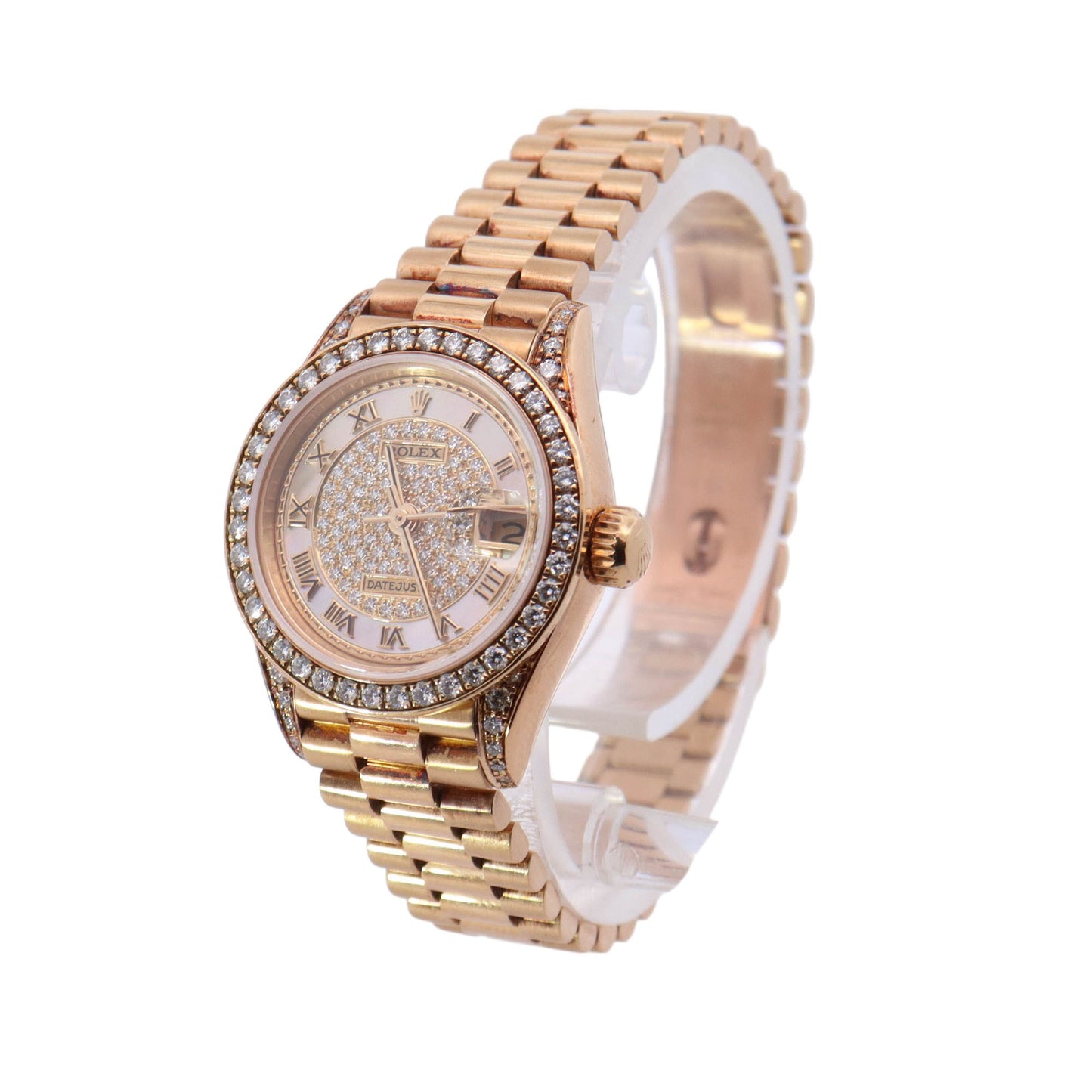 Rolex Datejust Yellow Gold 26mm Factory Mop Pave Diamond Roman Dial Watch  Reference #: 69158