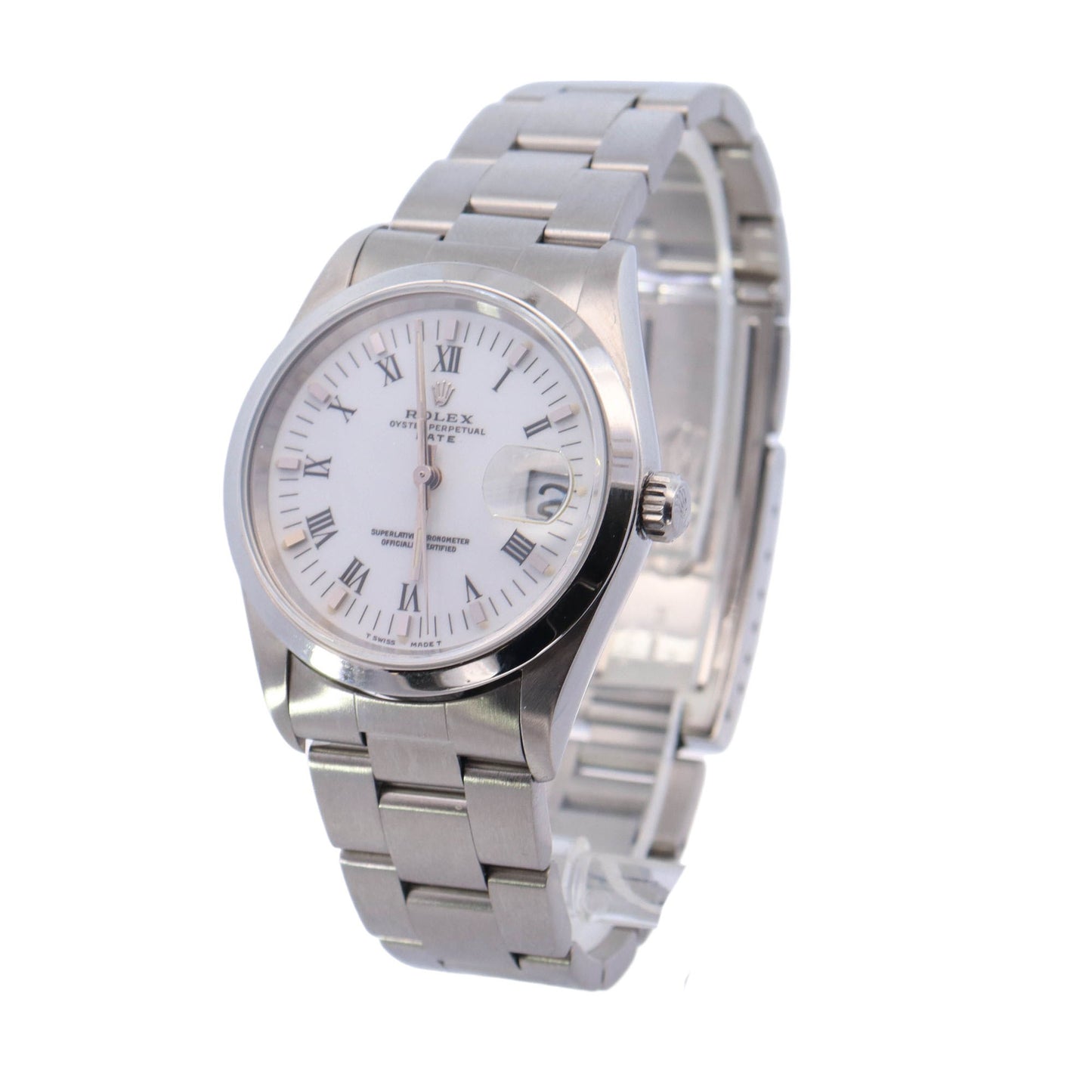 Rolex Oyster Perpetual Date Stainless Steel 34mm White Roman Dial Watch Reference #: 15200