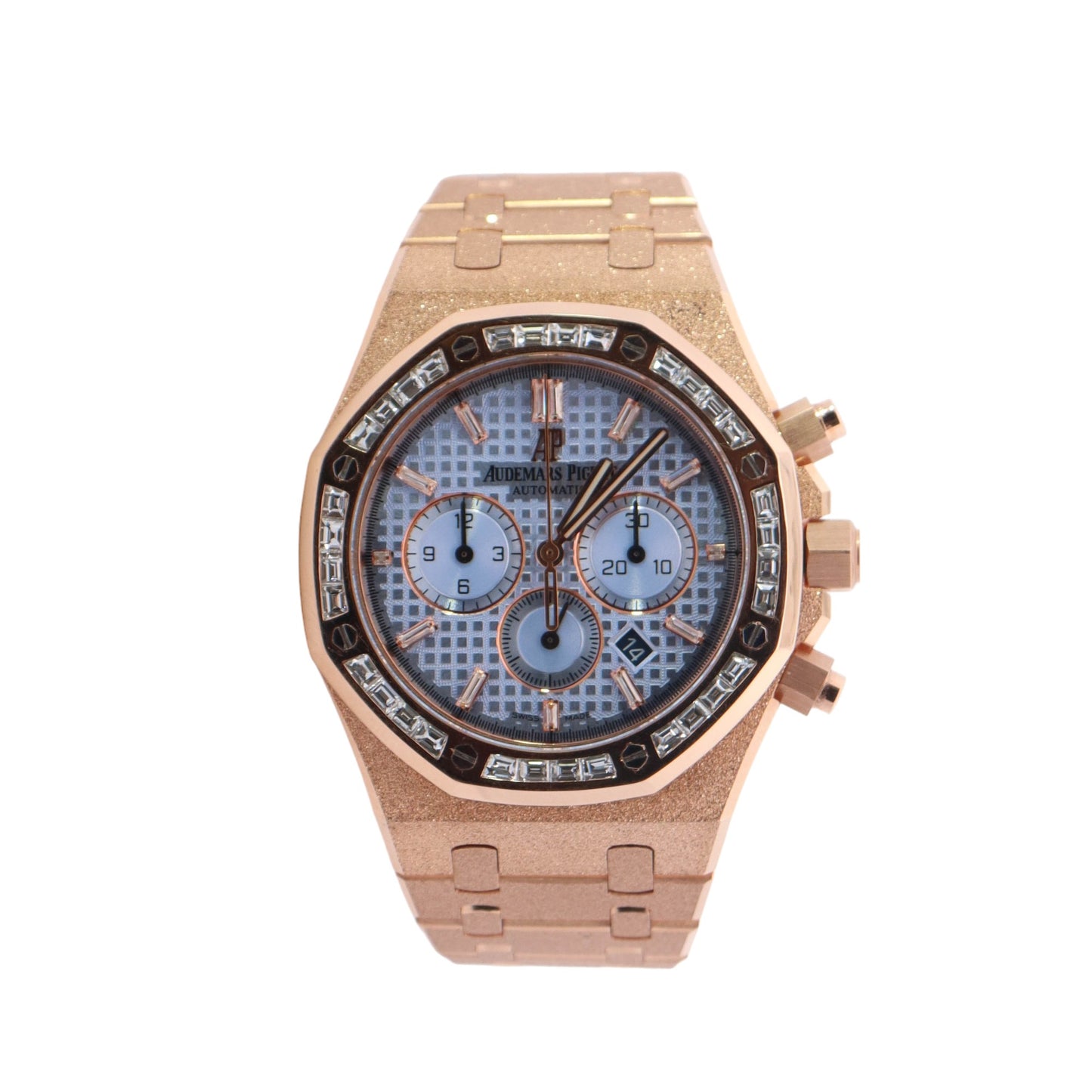 Audemars Piguet Royal Oak CUSTOM Frosted Rose Gold 41mm Baby Blue Chronograph Dial Watch - Happy Jewelers Fine Jewelry Lifetime Warranty