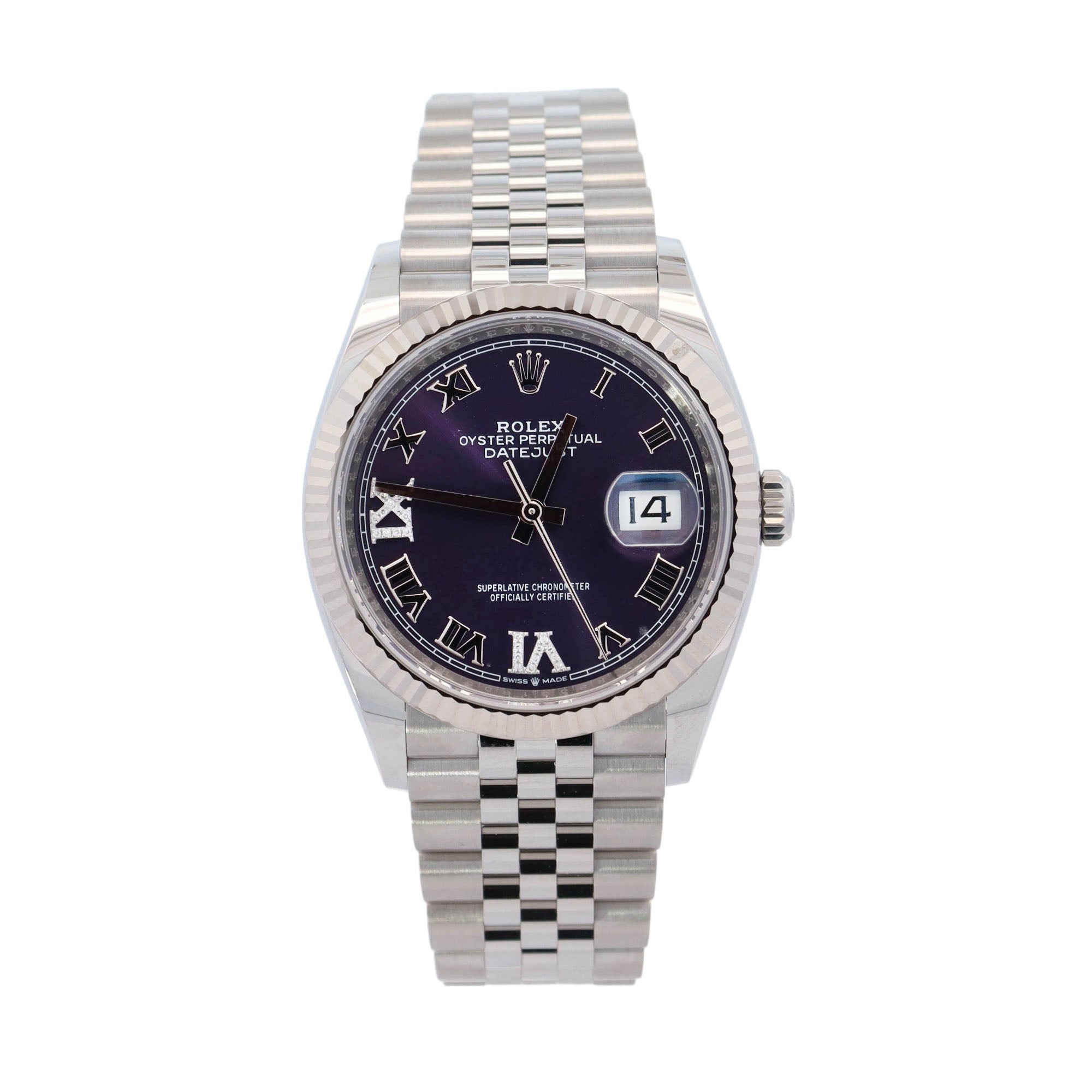 Rolex Datejust Stainless Steel 36mm Purple Roman Diamonds On 6&9 Dial Watch Reference #: 126234 - Happy Jewelers Fine Jewelry Lifetime Warranty