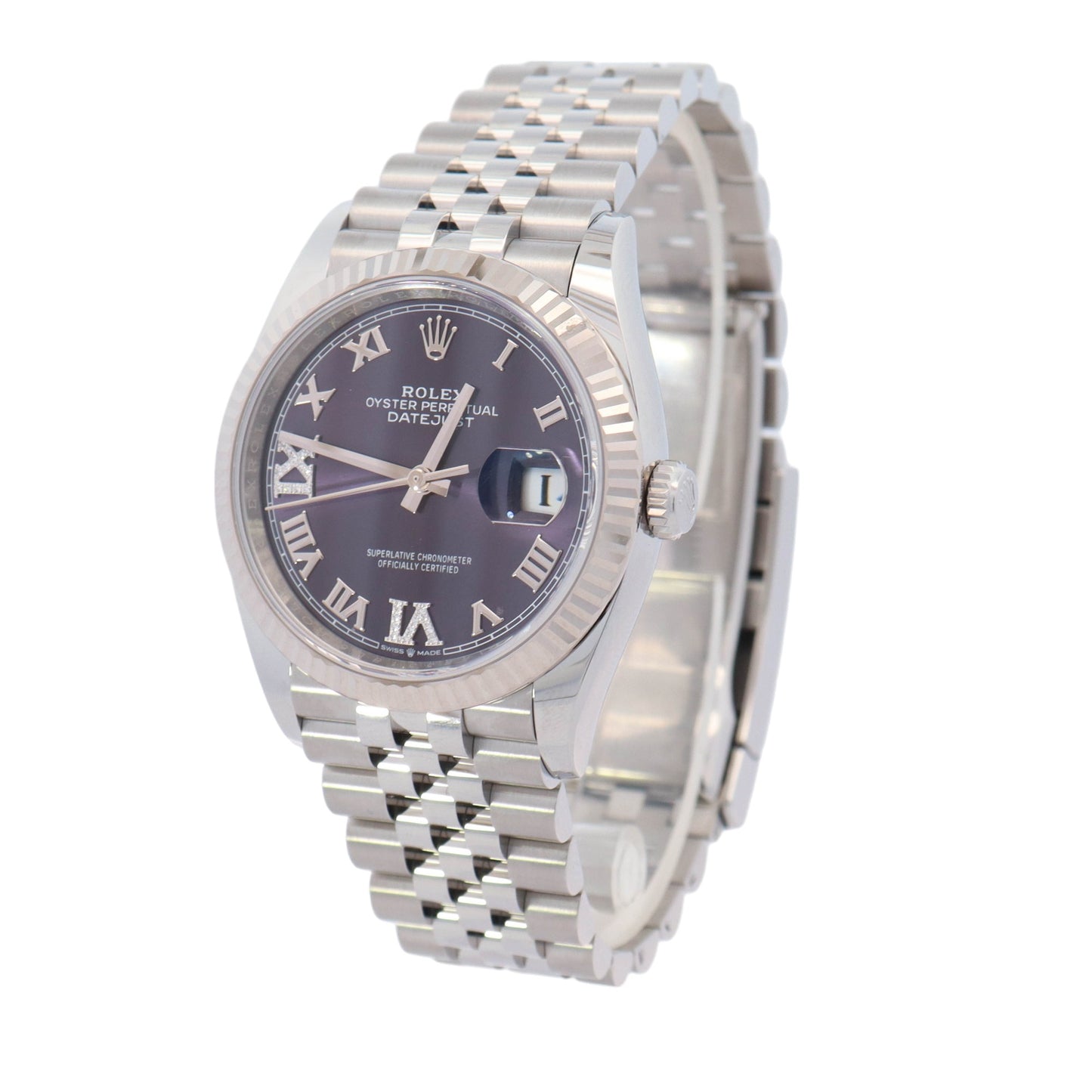 Rolex Datejust Stainless Steel 36mm Purple Roman Diamonds On 6&9 Dial Watch Reference #: 126234 - Happy Jewelers Fine Jewelry Lifetime Warranty