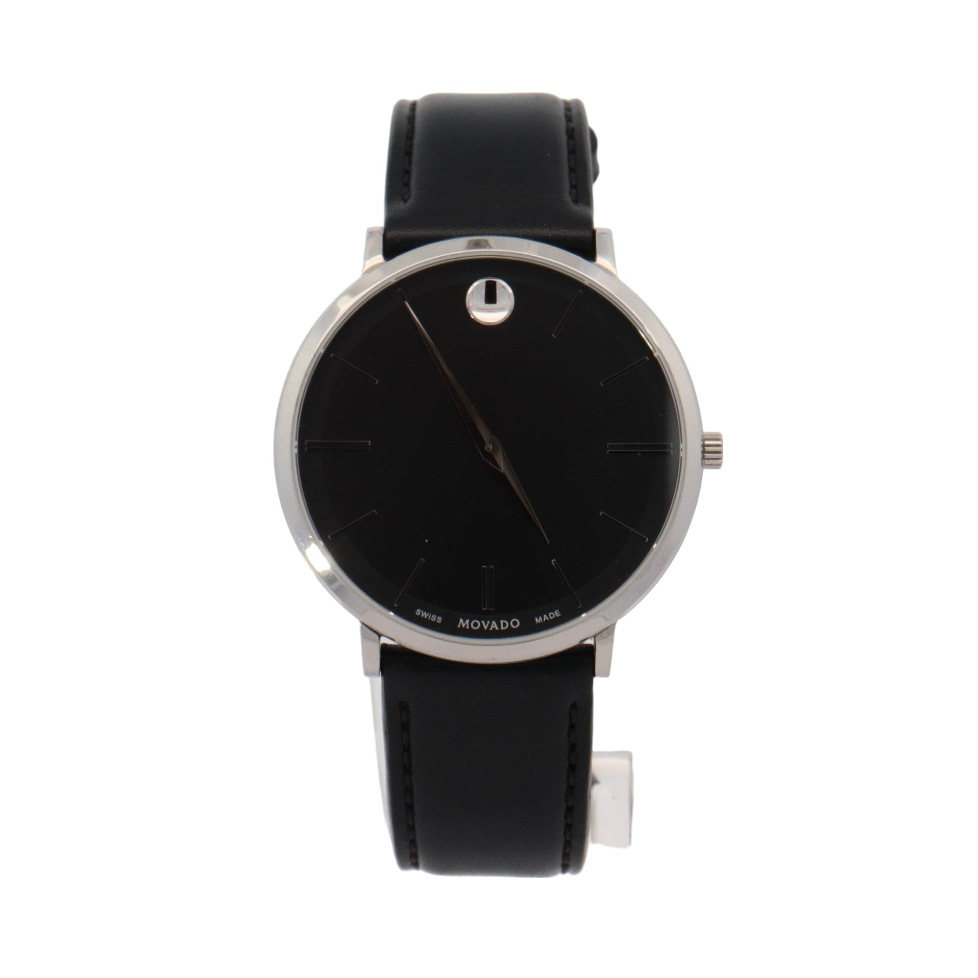 Movado Ultra Slim Stainless Steel 40mm Black Stick Dial Watch Ref#  65.1.14.1395 - Happy Jewelers Fine Jewelry Lifetime Warranty