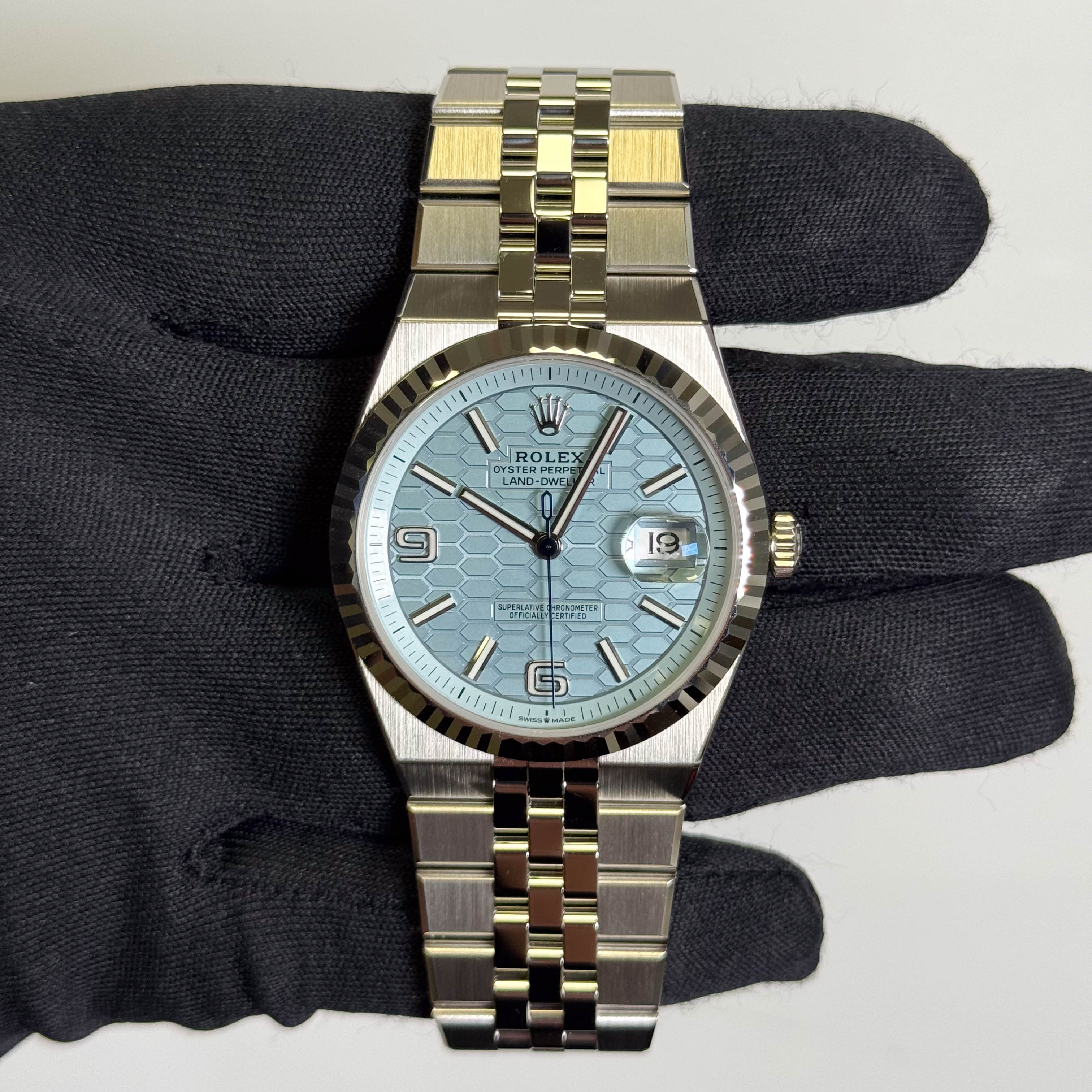 Rolex Land-Dweller Platinum 40mm Ice Blue Honeycomb Dial Watch Ref