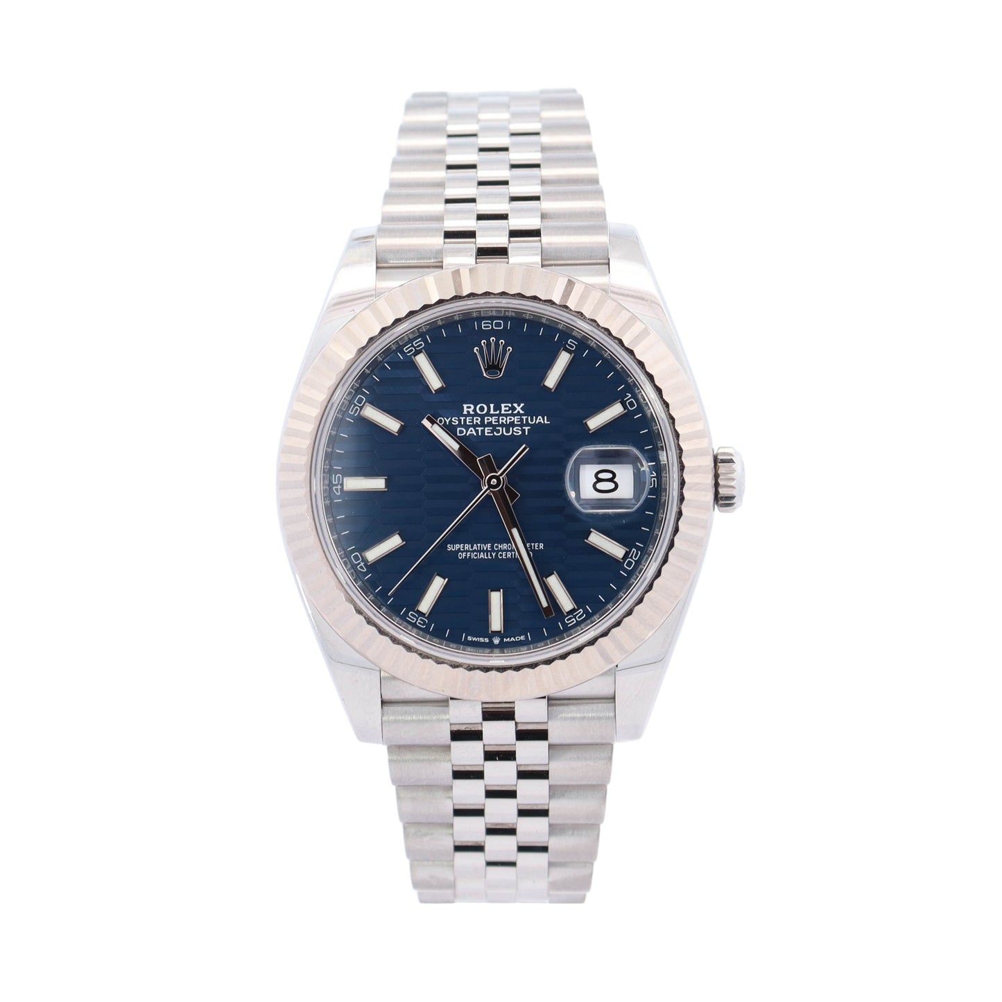 Rolex Datejust Stainless Steel 41mm Blue Motif Stick Dial Watch Reference #: 126334