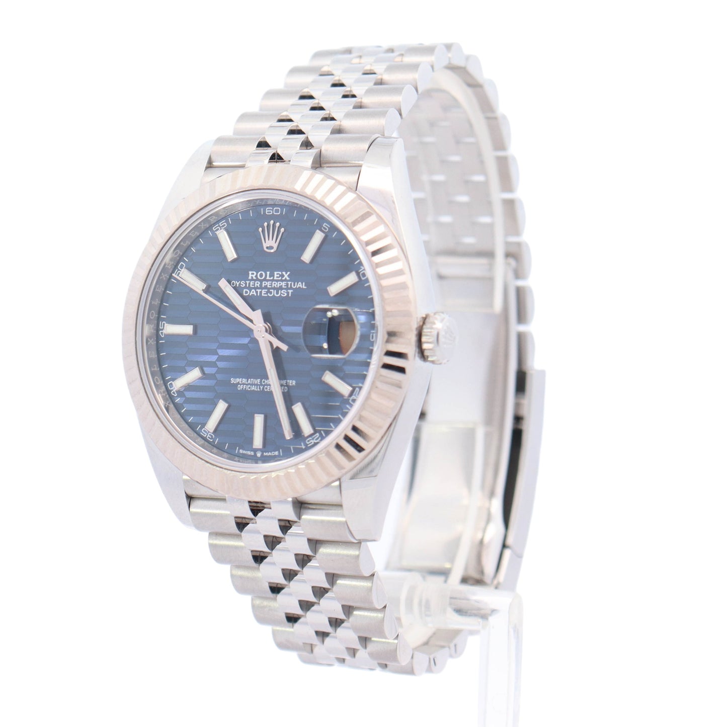 Rolex Datejust Stainless Steel 41mm Blue Motif Stick Dial Watch Reference #: 126334