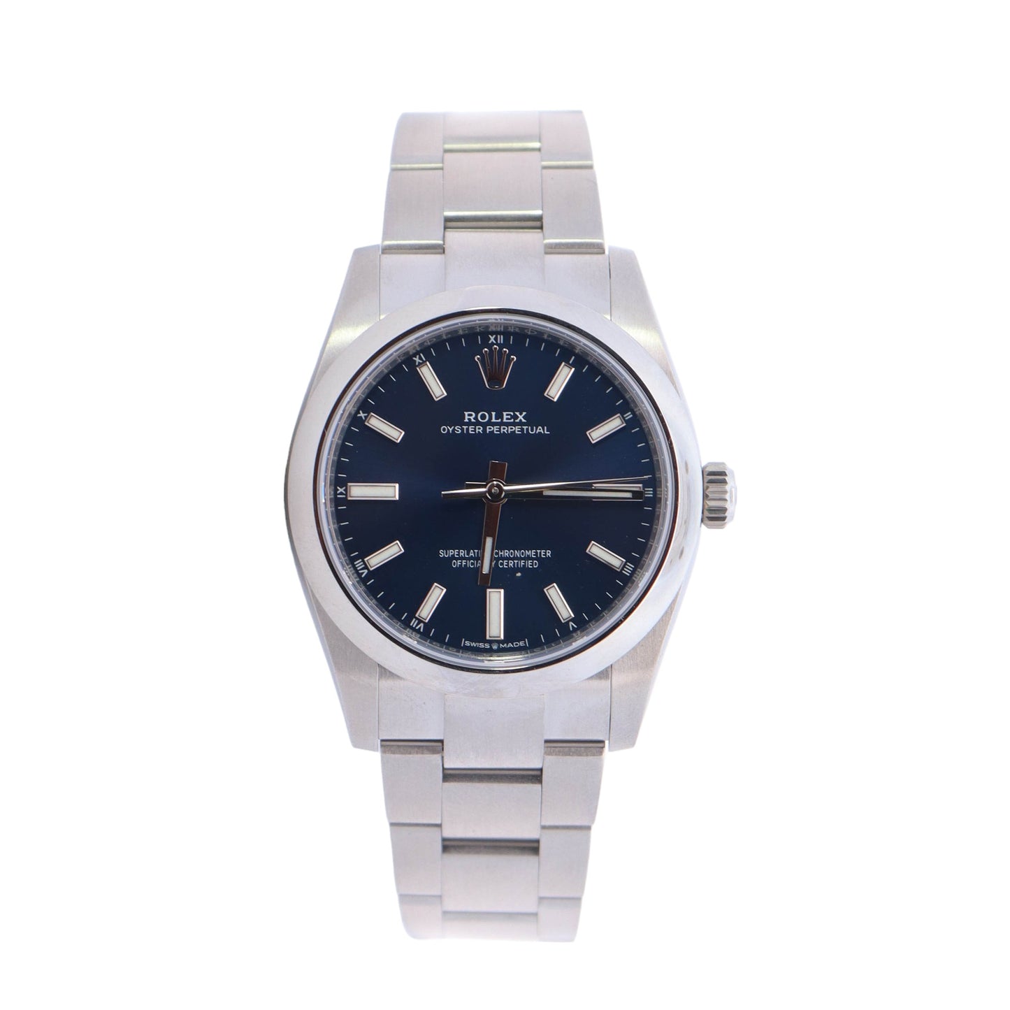 Rolex Oyster Perpetual Stainless Steel 34mm Blue Stick Dial Watch Reference #: 124200 - Happy Jewelers Fine Jewelry Lifetime Warranty
