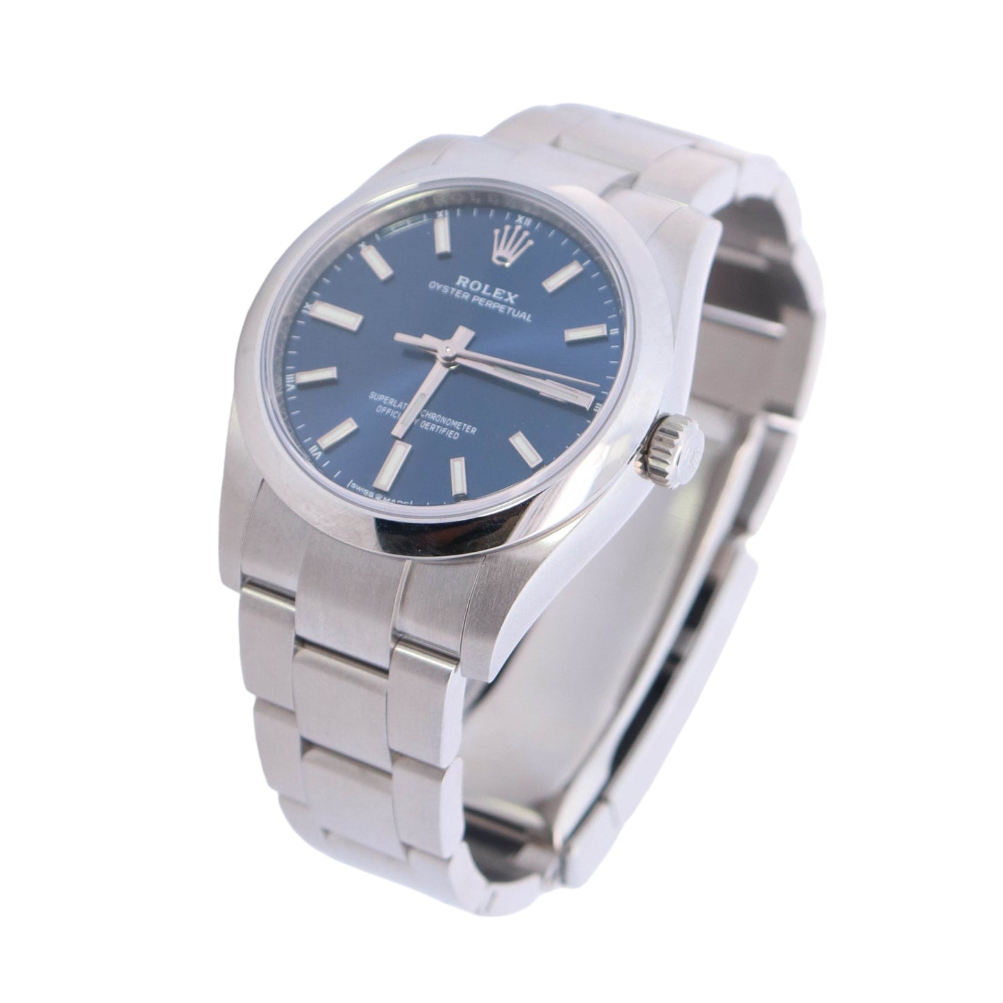 Rolex Oyster Perpetual Stainless Steel 34mm Blue Stick Dial Watch Reference #: 124200
