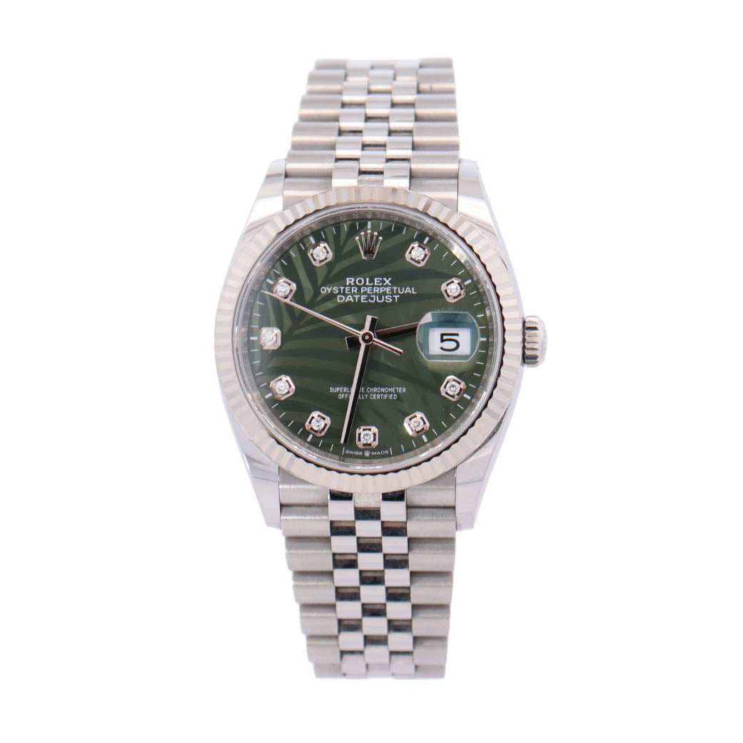 Rolex Datejust Stainless Steel 36mm Green Palm Motif Diamond Dot Dial Watch Reference# 126234 - Happy Jewelers Fine Jewelry Lifetime Warranty