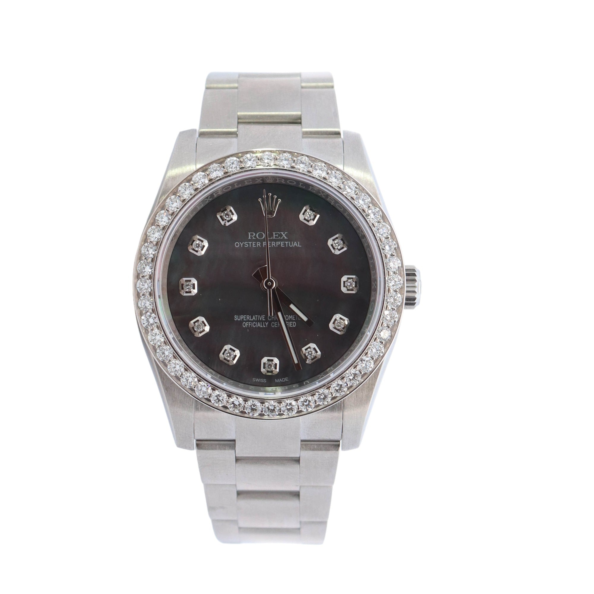 Rolex Oyster Perpetual Stainless Steel 36mm Custom Dark MOP Diamond Dial Watch Reference #;116000 - Happy Jewelers Fine Jewelry Lifetime Warranty