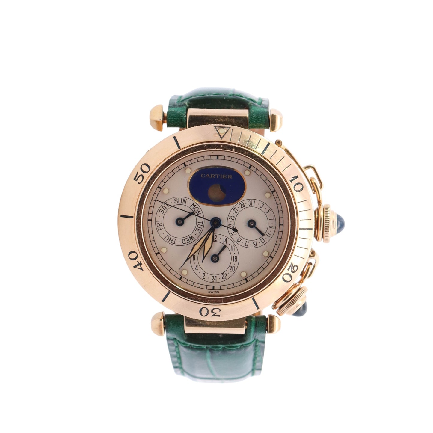 Cartier Pasha De Cartier Moonphase Dual Time Zone 18k Yellow Gold 38mm Ivory Moonphase Dot Dial Watch Reference #: 30002 - Happy Jewelers Fine Jewelry Lifetime Warranty