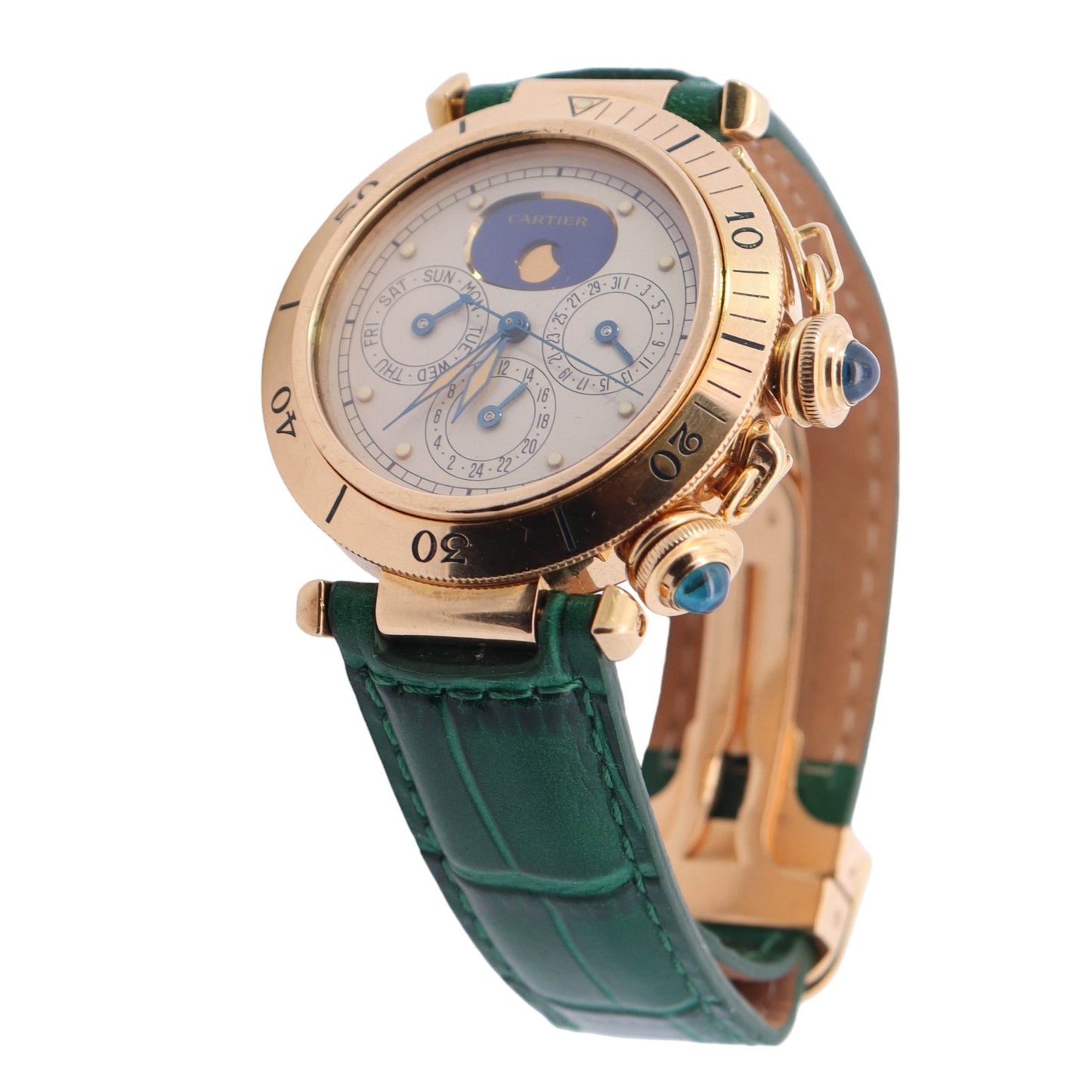 Cartier Pasha De Cartier Moonphase Dual Time Zone 18k Yellow Gold 38mm Ivory Moonphase Dot Dial Watch Reference #: 30002 - Happy Jewelers Fine Jewelry Lifetime Warranty