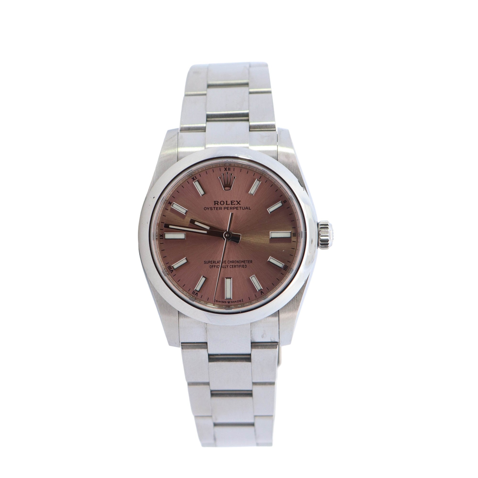 Rolex Datejust Stainless Steel 34mm Pink Stick Dial Watch Reference #: 124200 - Happy Jewelers Fine Jewelry Lifetime Warranty