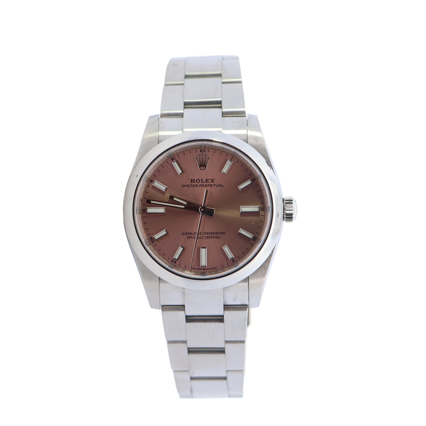 Rolex Datejust Stainless Steel 34mm Pink Stick Dial Watch Reference #: 124200