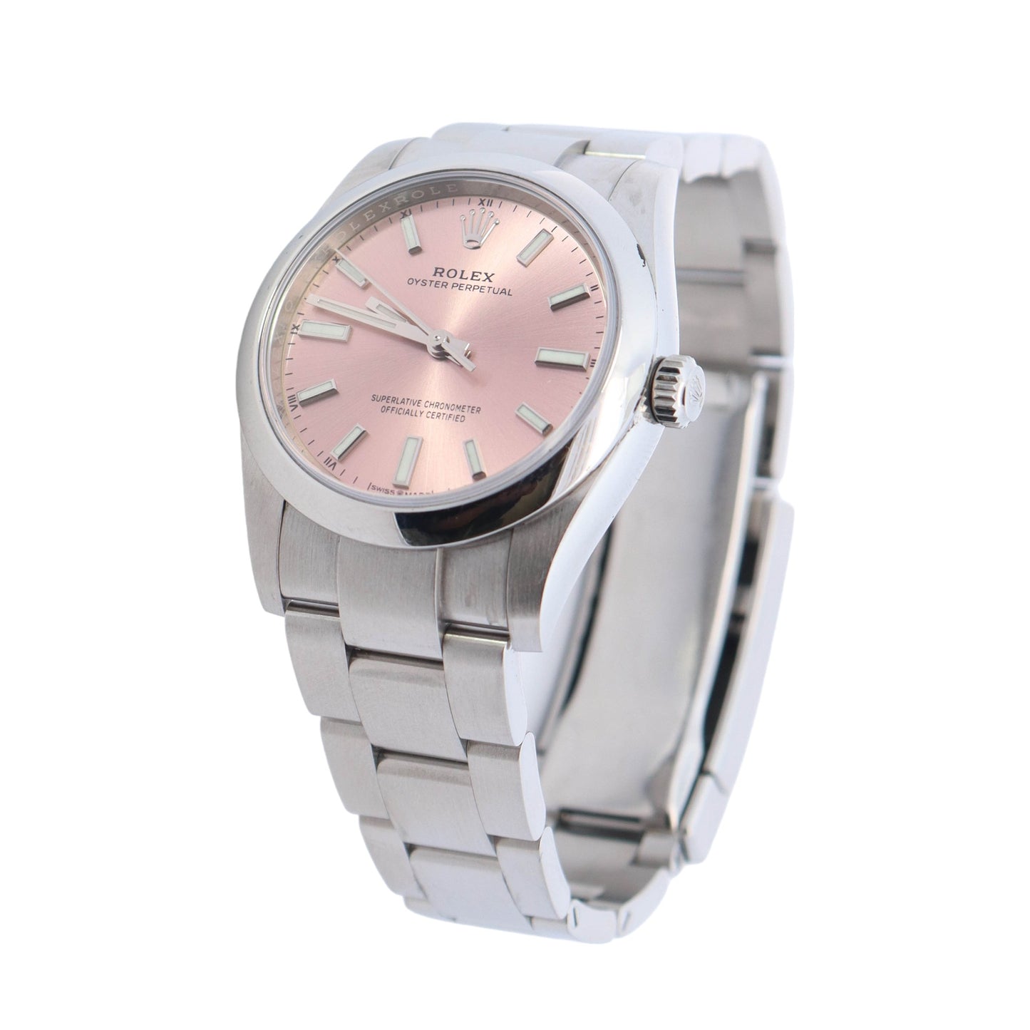 Rolex Datejust Stainless Steel 34mm Pink Stick Dial Watch Reference #: 124200