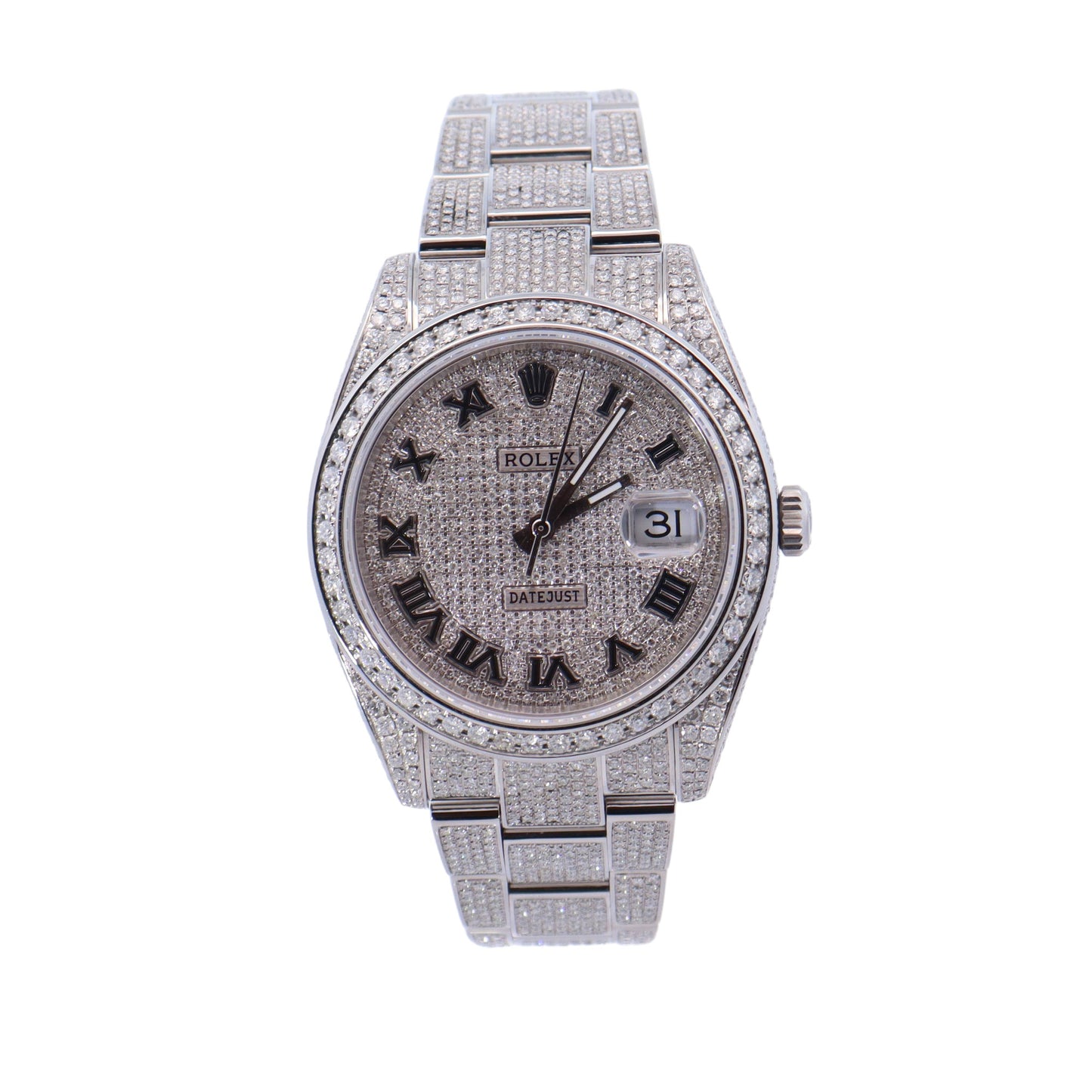 Rolex Datejust Custom Iced Out Stainless Steel 41mm Custom Pave Roman Dial Watch Reference# 126300 - Happy Jewelers Fine Jewelry Lifetime Warranty