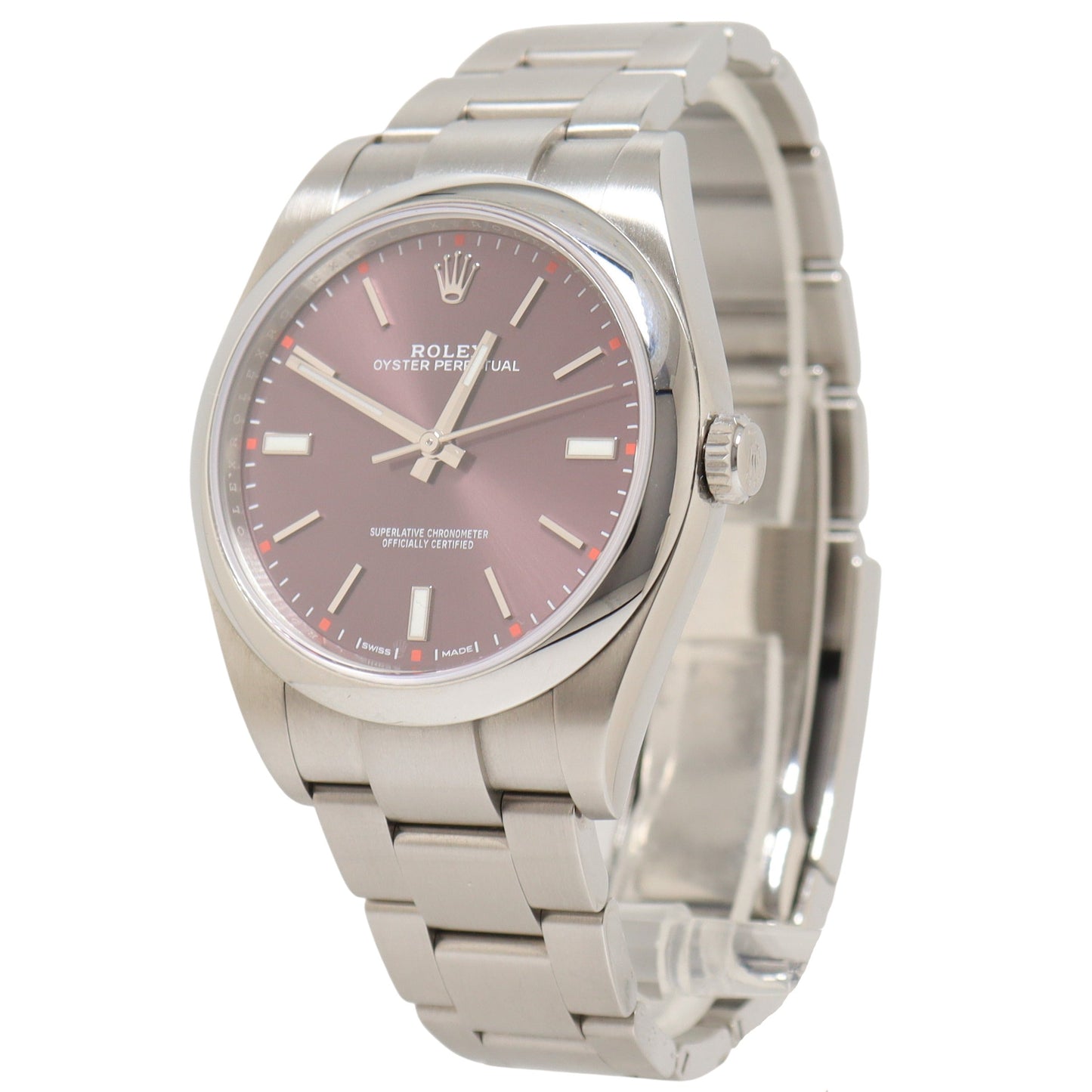 Rolex Oyster Perpetual Stainless Steeo 39mm Red Grape Stick Dial Watch Reference#  114300 - Happy Jewelers Fine Jewelry Lifetime Warranty