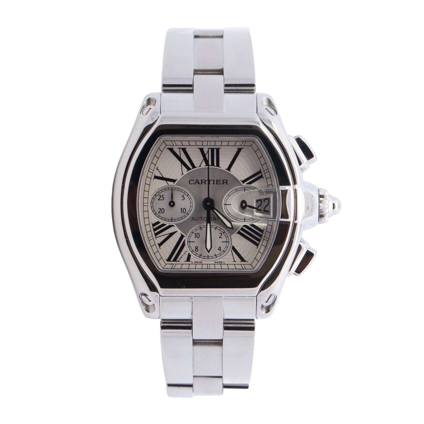 Cartier Roadster Chronograph Stainless Steel 38mm X 43mm Silver Chronograph Roman Dial Watch  Reference #: W62019X6 - Happy Jewelers Fine Jewelry Lifetime Warranty