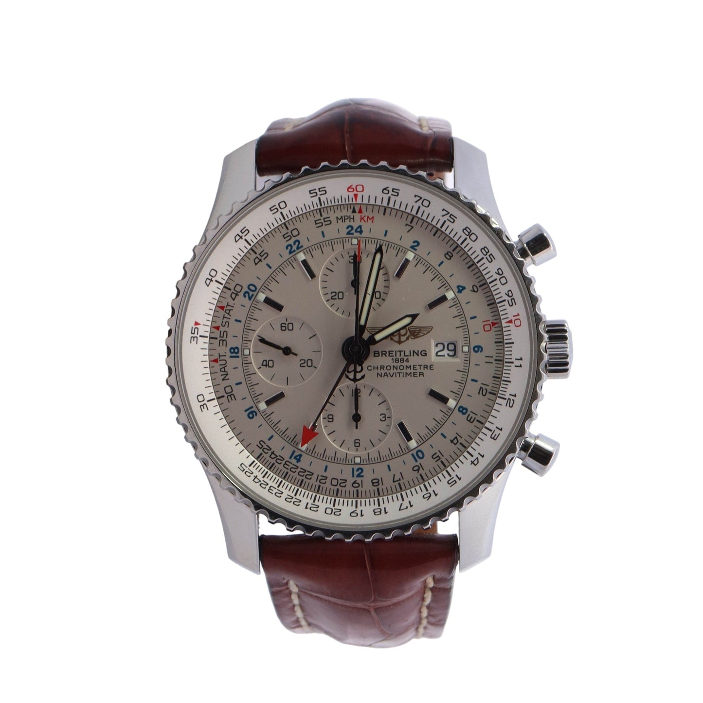 Breitling Navitimer Chrono GMT Stainless Steel 46mm White Chronograph Stick Dial Watch  Reference #: A2432212 - Happy Jewelers Fine Jewelry Lifetime Warranty