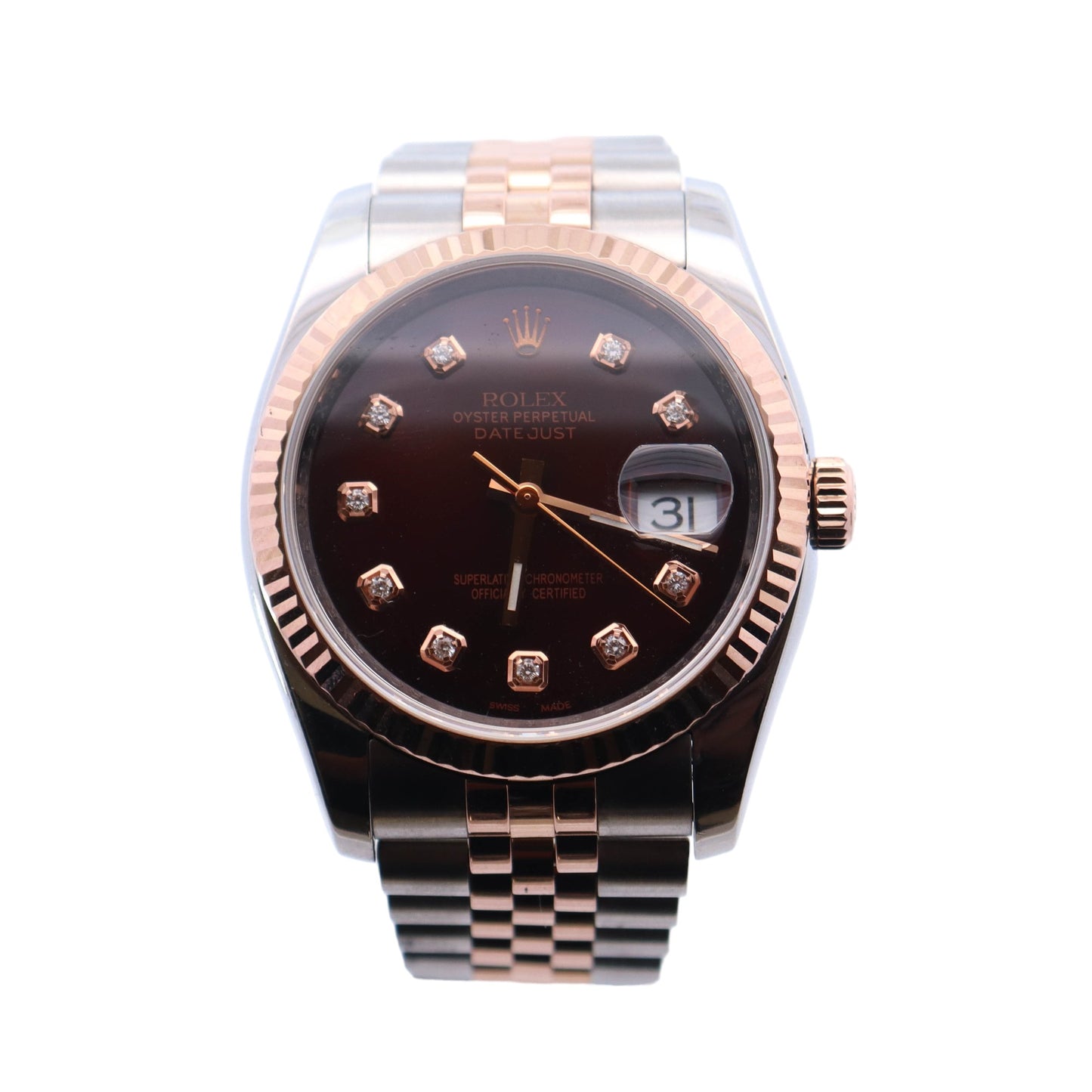 Rolex Datejust Two Tone Stainless Steel & Rose Gold 36mm Dark Brown Diamond Dot Dial Watch Reference #: 116231 - Happy Jewelers Fine Jewelry Lifetime Warranty