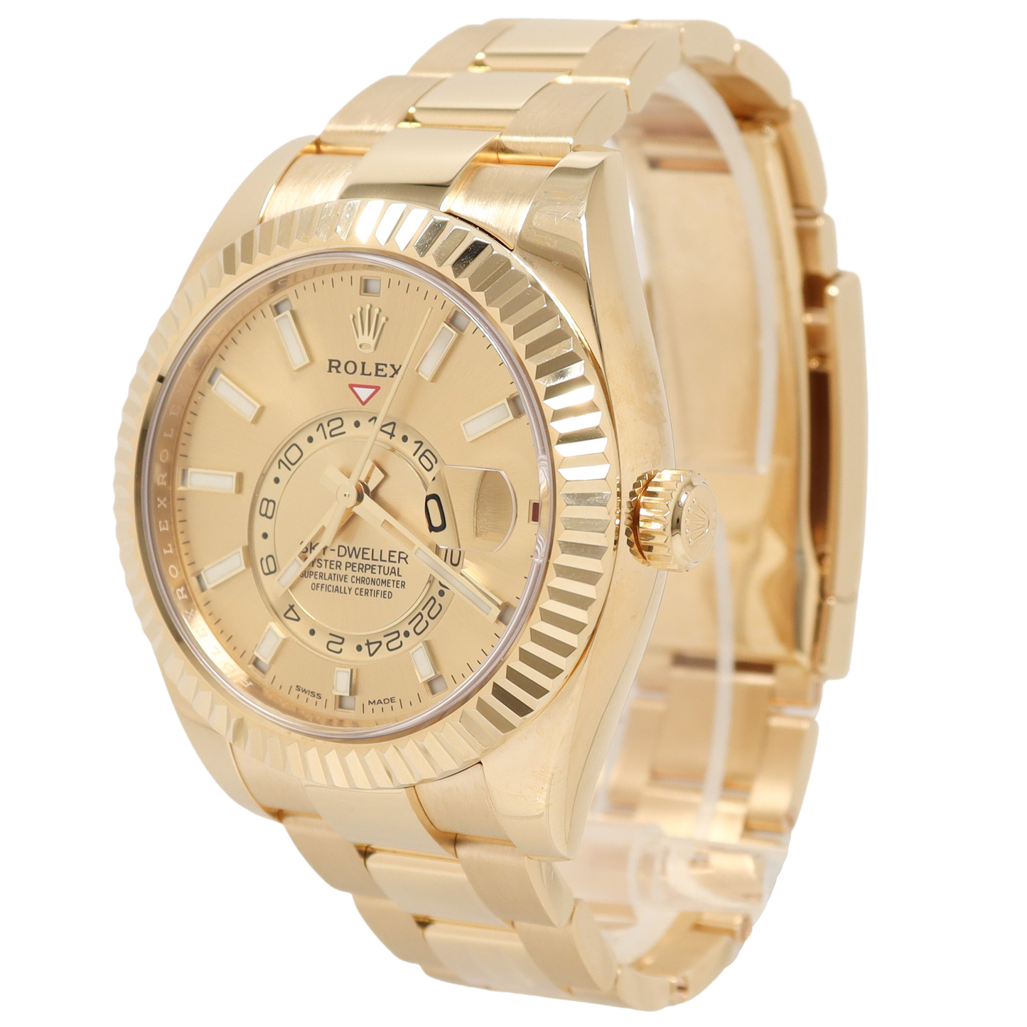 Rolex Sky Dweller Yellow Gold 42mm Champagne Stick Dial Watch Reference#: 326938 - Happy Jewelers Fine Jewelry Lifetime Warranty