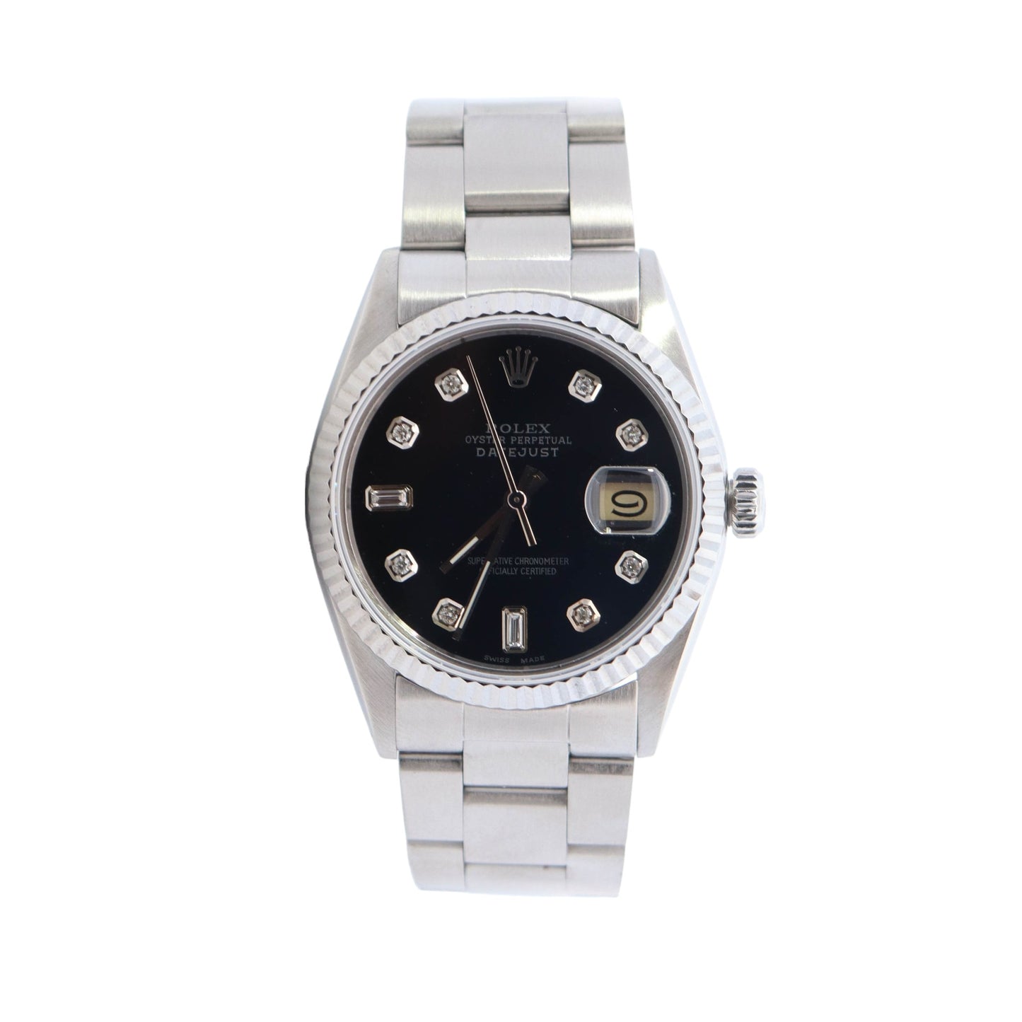 Rolex Datejust Stainless Steel 36mm Black Diamond Dot Dial Watch Reference #: 16014 - Happy Jewelers Fine Jewelry Lifetime Warranty